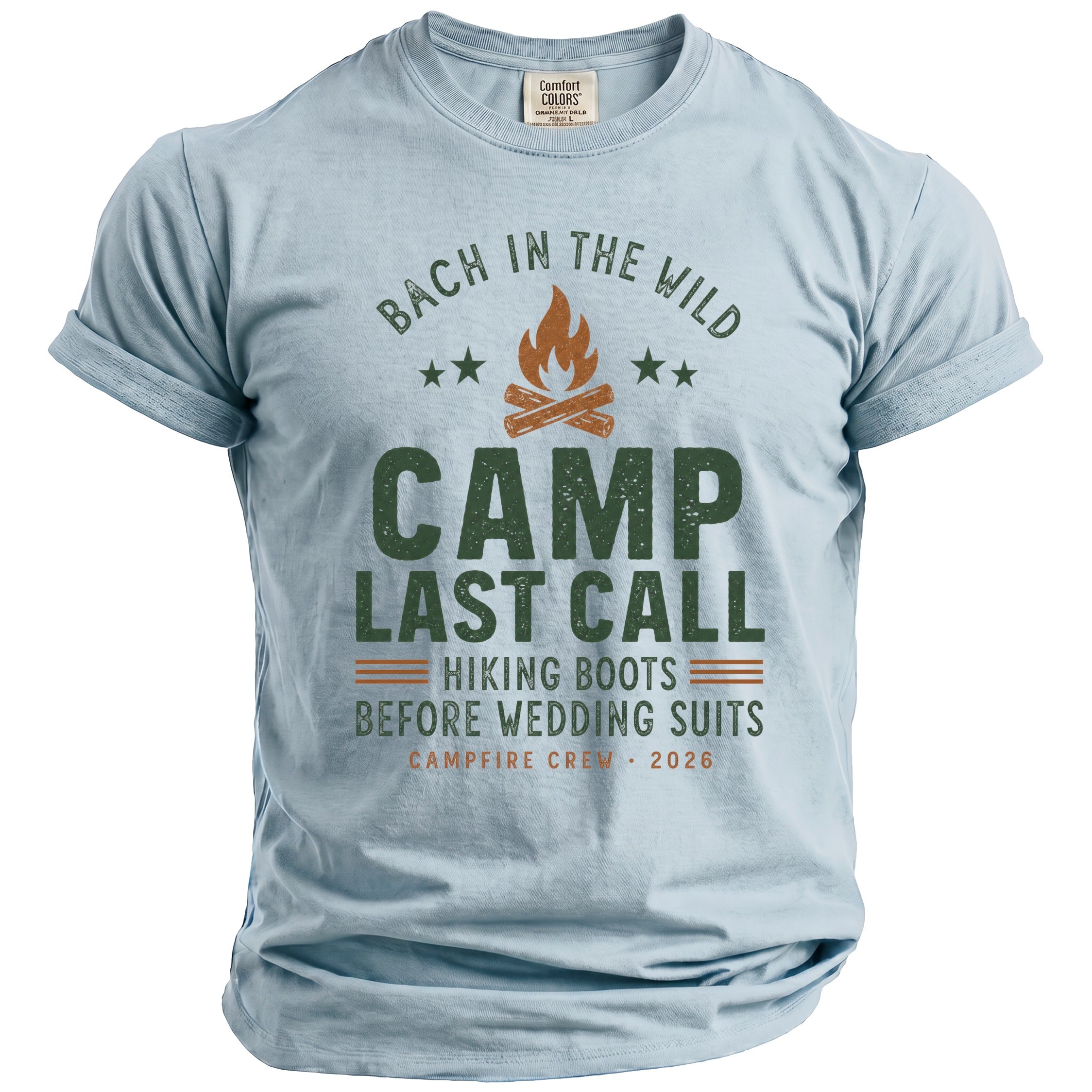 Light blue t-shirt with "Bach in the Wild Camp Last Call Hiking Boots Before Wedding Suits" graphic.