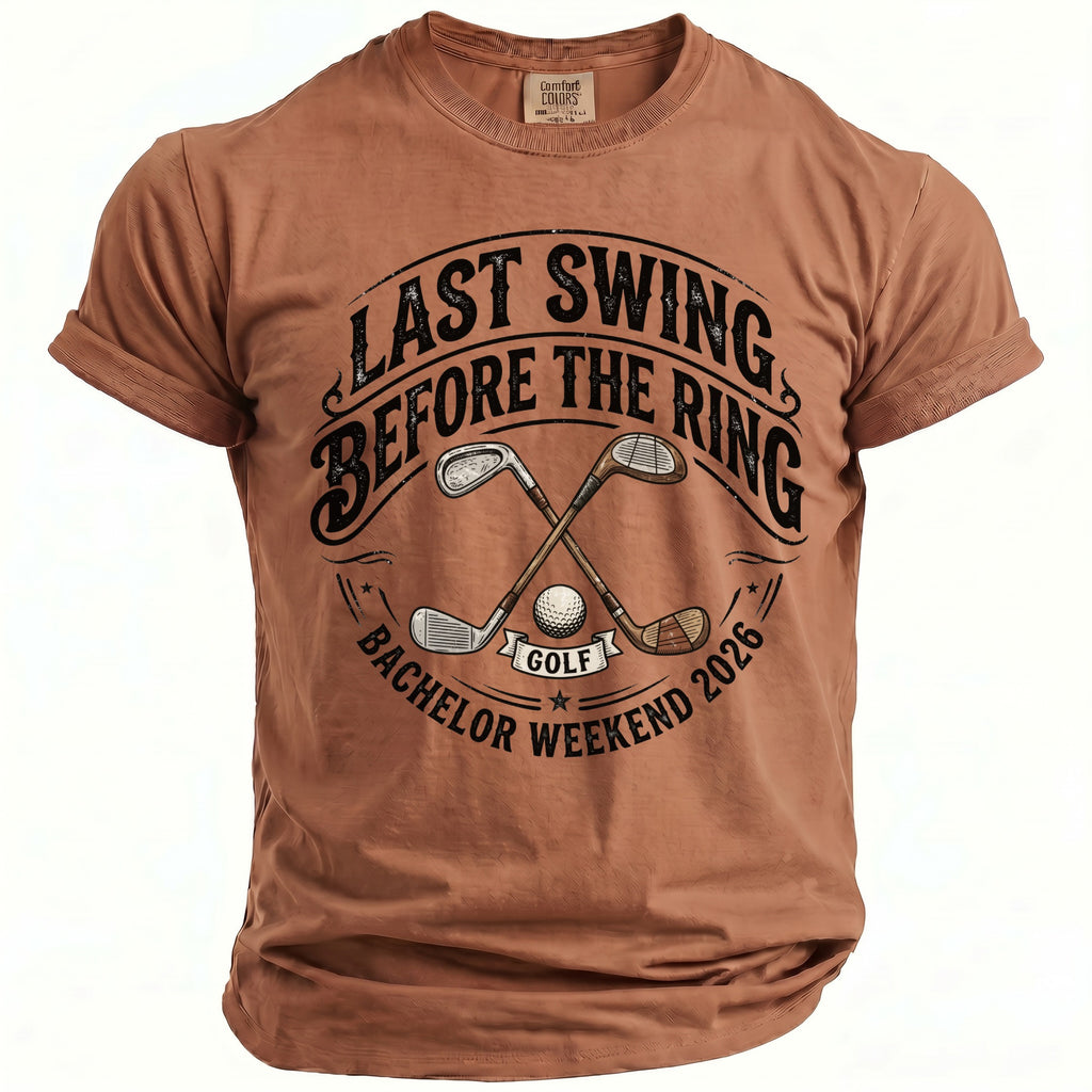 Brown Comfort Colors t-shirt with "Last Swing Before the Ring" and golf graphics.