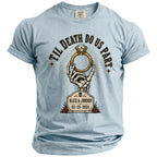 Light blue t-shirt with skeleton hand holding diamond ring, "Til Death Do Us Part", and "Alex & Jordan 05-25-2024".