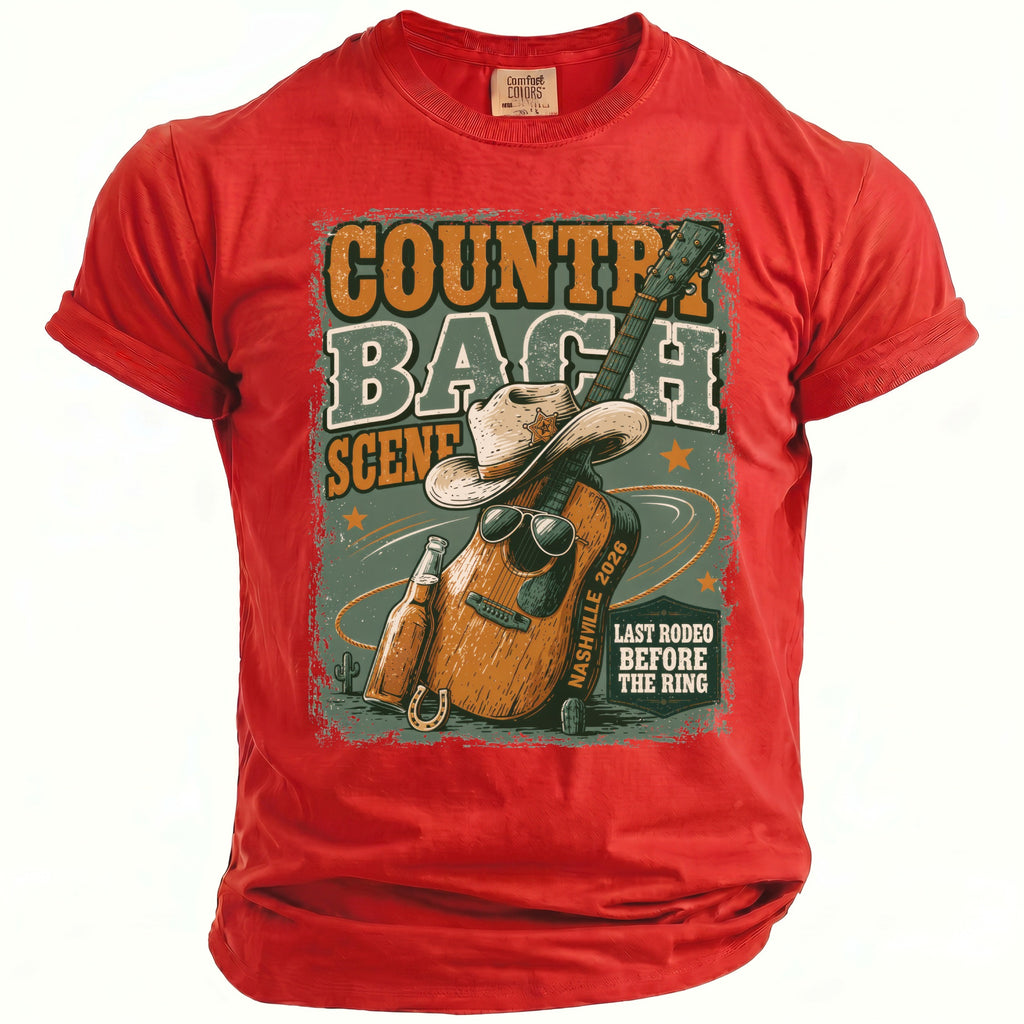 Red t-shirt with "Country Bach Nashville 2026 Last Rodeo Before The Ring" graphic.