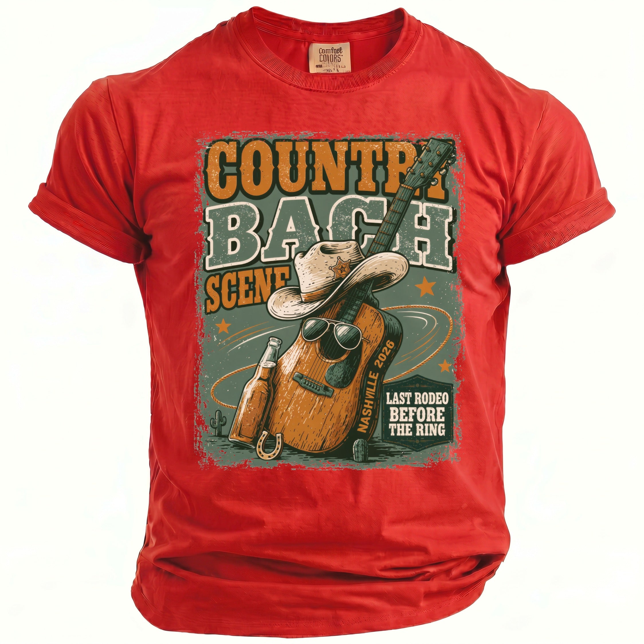 Red t-shirt with "Country Bach Nashville 2026 Last Rodeo Before The Ring" graphic.
