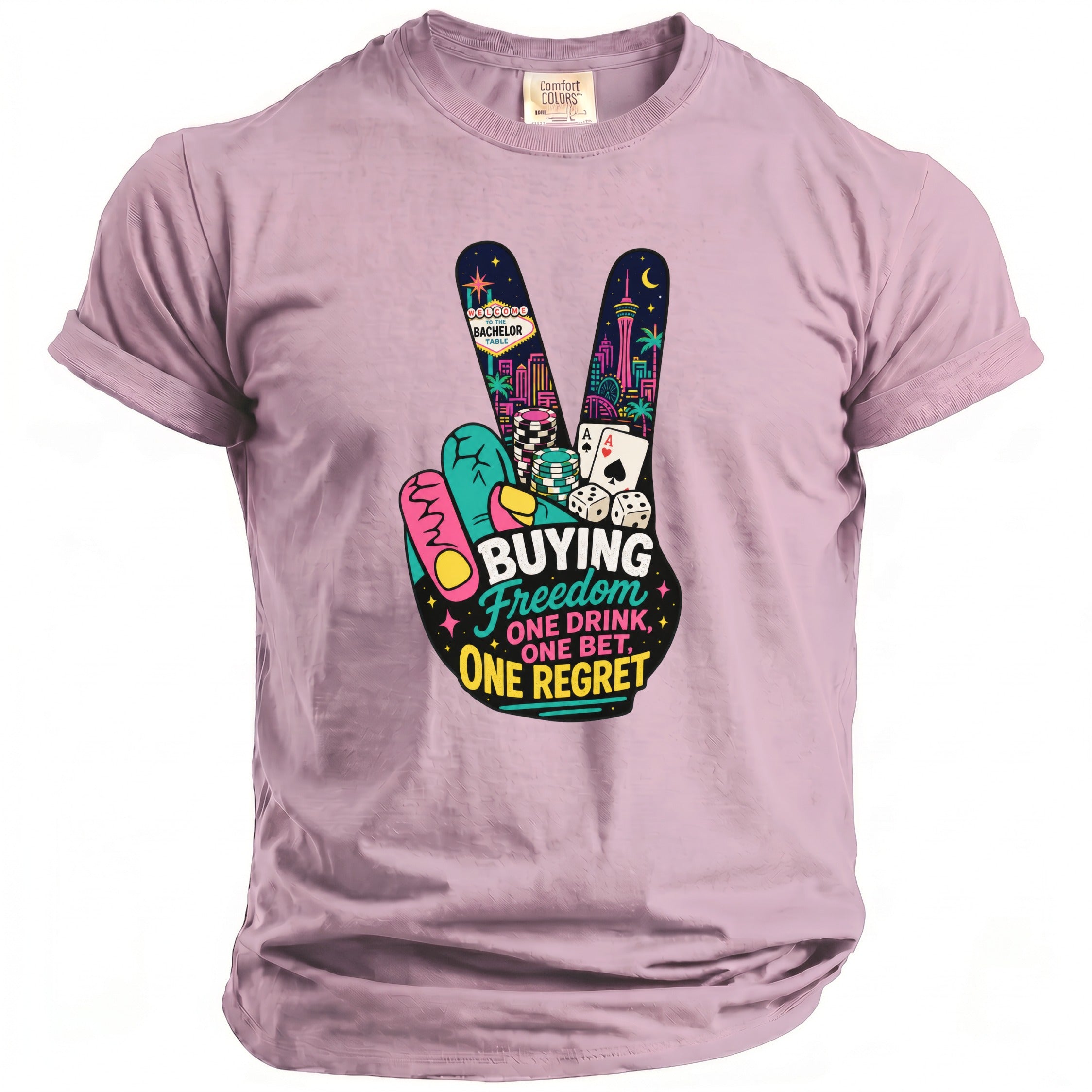 Peace sign graphic with casino elements and text "Buying Freedom One Drink, One Bet, One Regret."