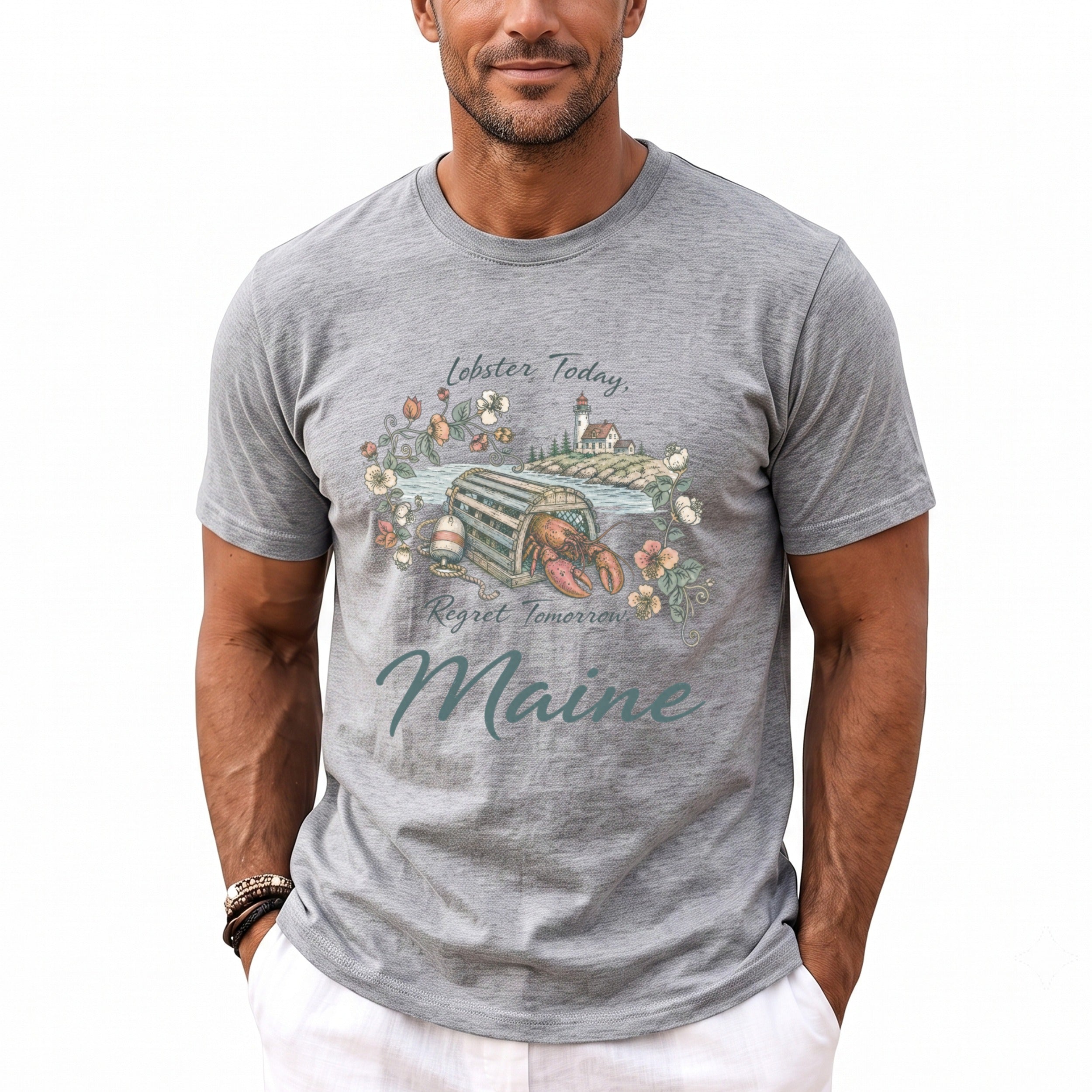 Grey t-shirt with graphic of lobster, trap, lighthouse, and text "Maine".