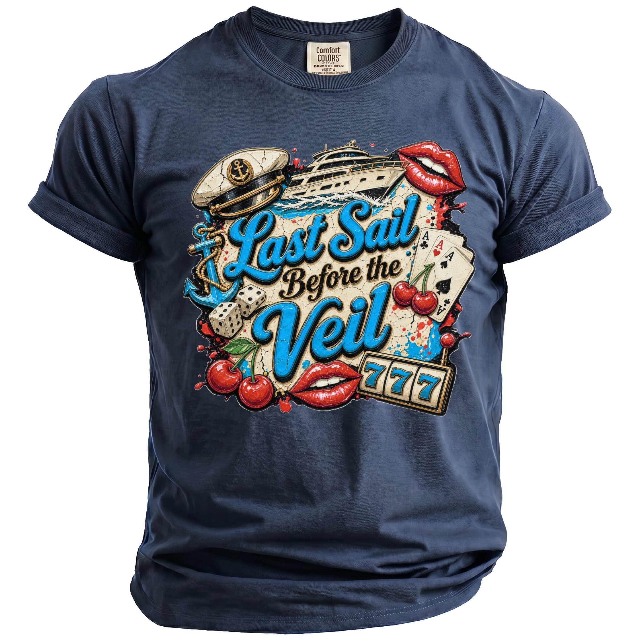 A navy blue crewneck t-shirt with a vintage graphic reading Last Sail Before the Veil.
