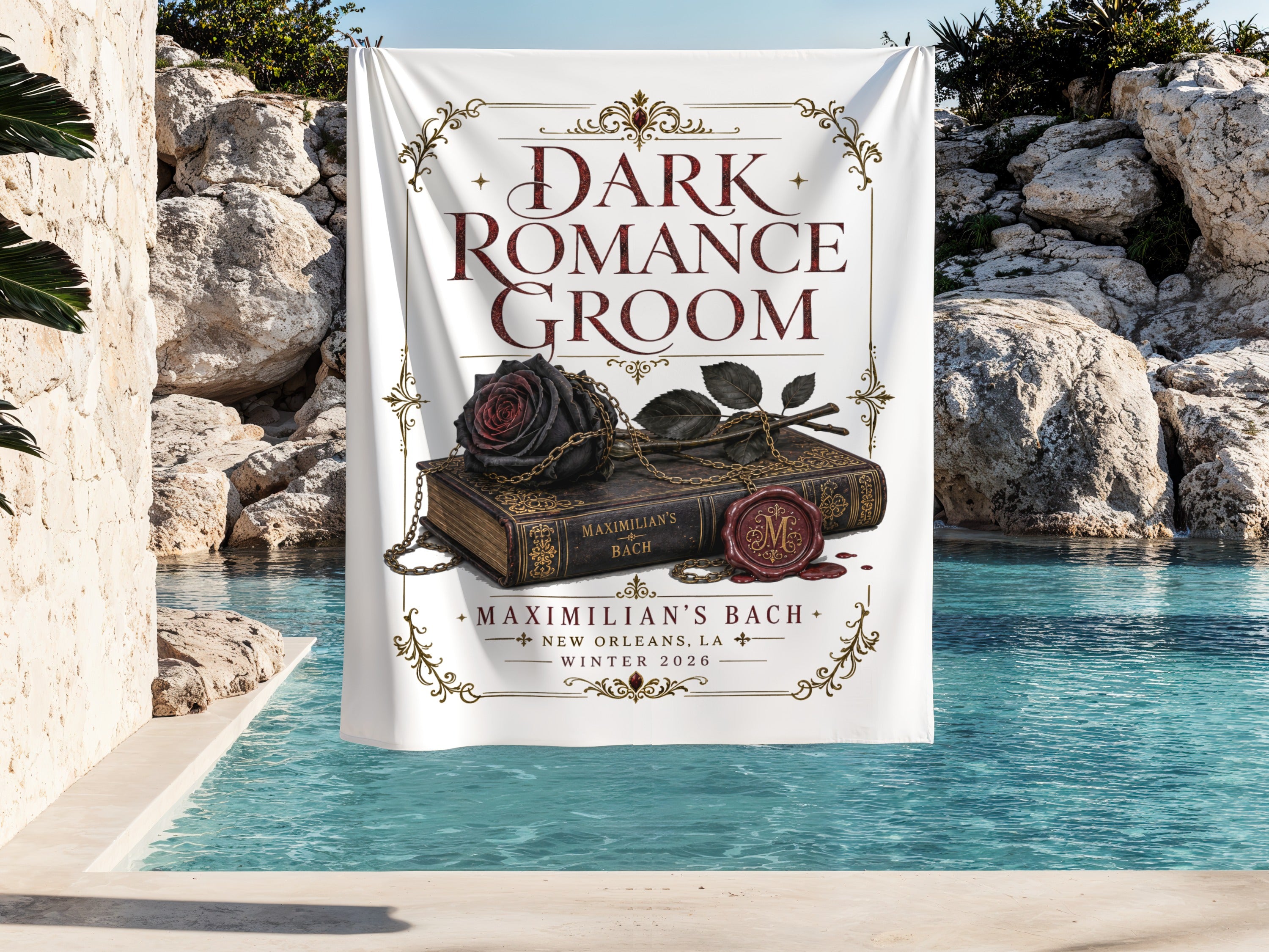 Dark Romance Groom title on banner with book, black rose, and wax seal.