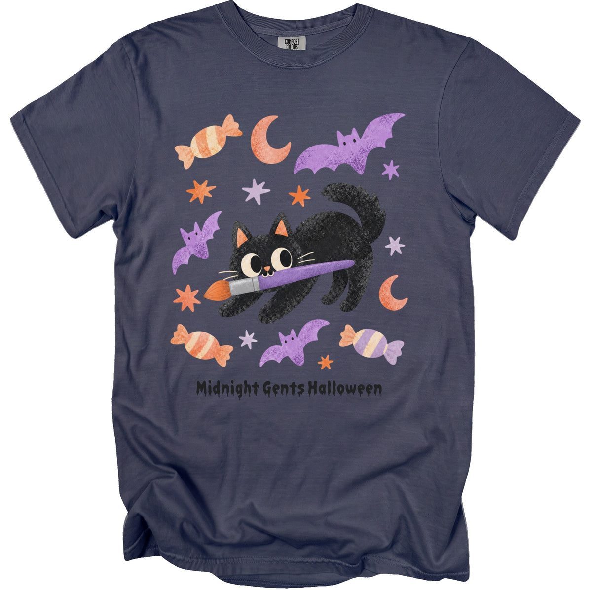 Black cat with paintbrush surrounded by candy, bats, moons, and stars with "Midnight Gents Halloween" text.