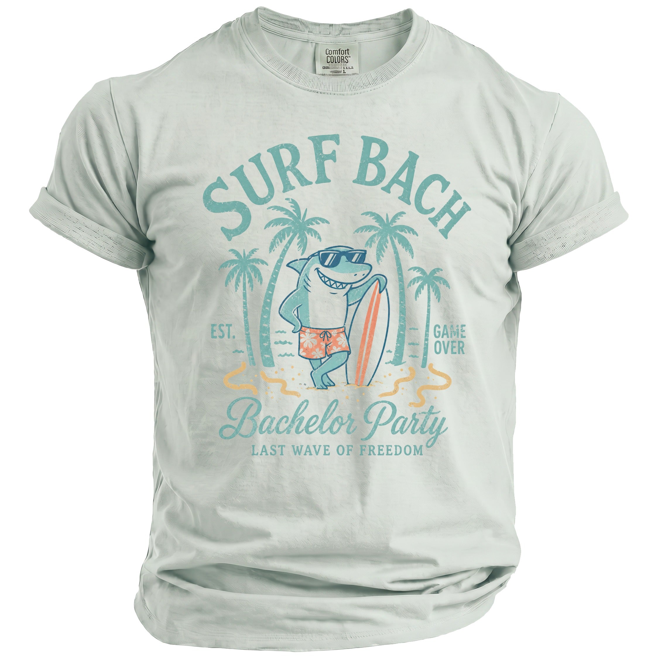 Light blue t-shirt with surf shark graphic and text "Surf Bach Bachelor Party".