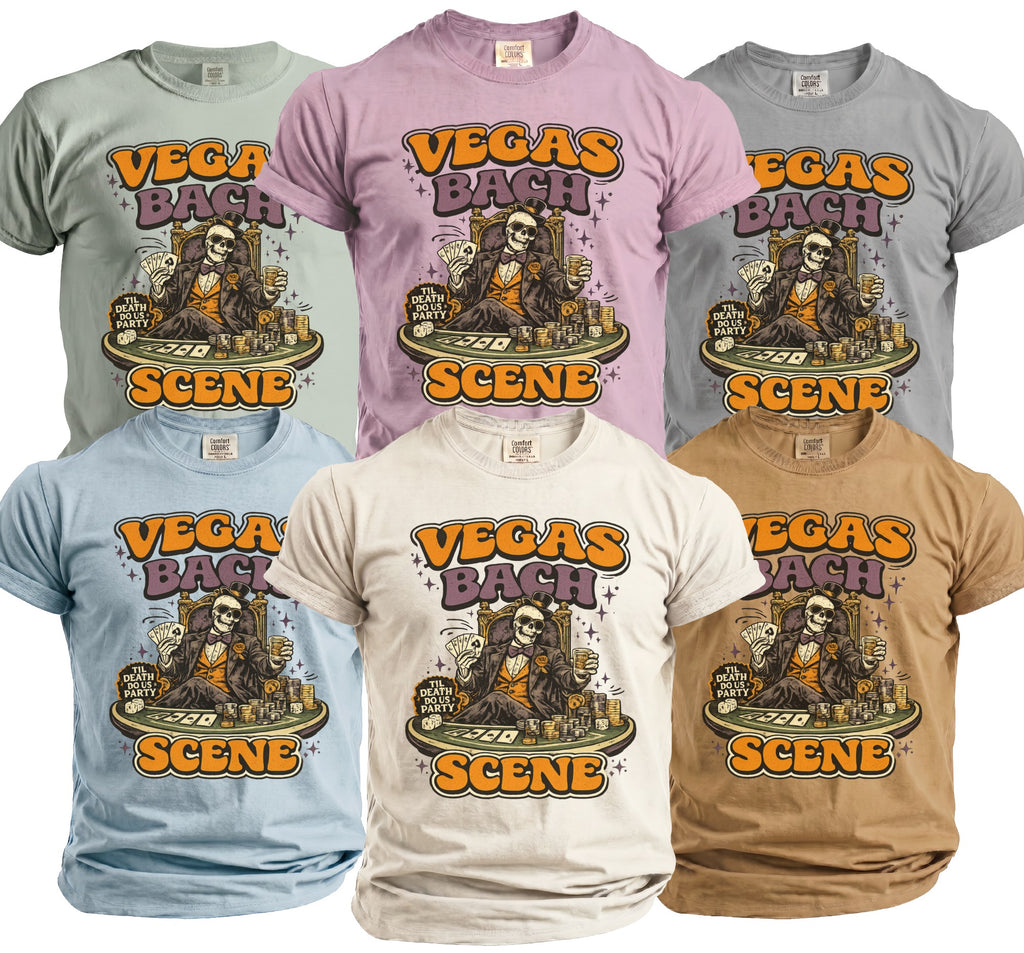 T-shirts featuring a skeleton playing cards at a poker table, text reads "Vegas Bach Scene".