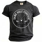 Dark grey t-shirt with "Same Hole Forever Bachelor Golf Weekend 2026" graphic.