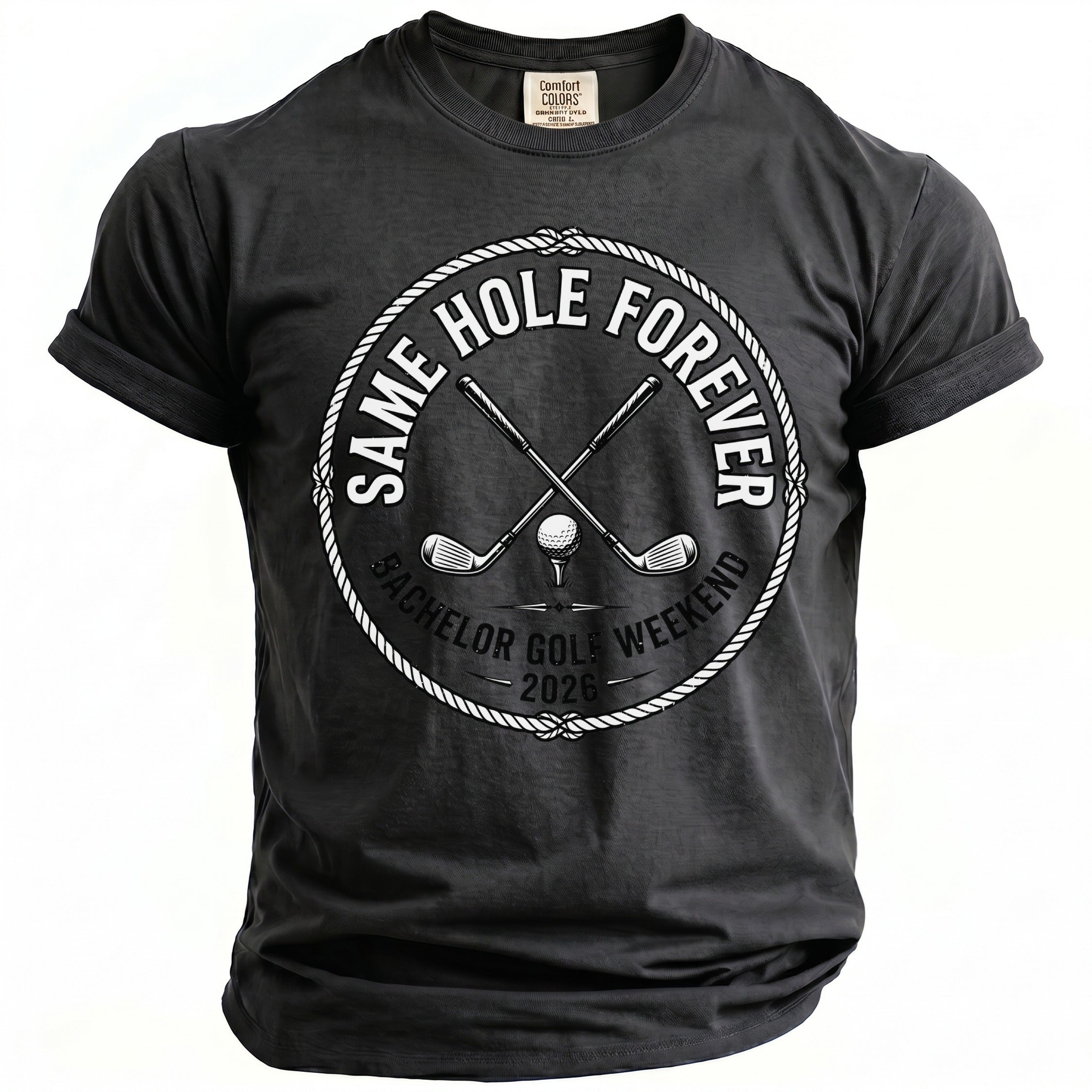 Dark grey t-shirt with "Same Hole Forever Bachelor Golf Weekend 2026" graphic.