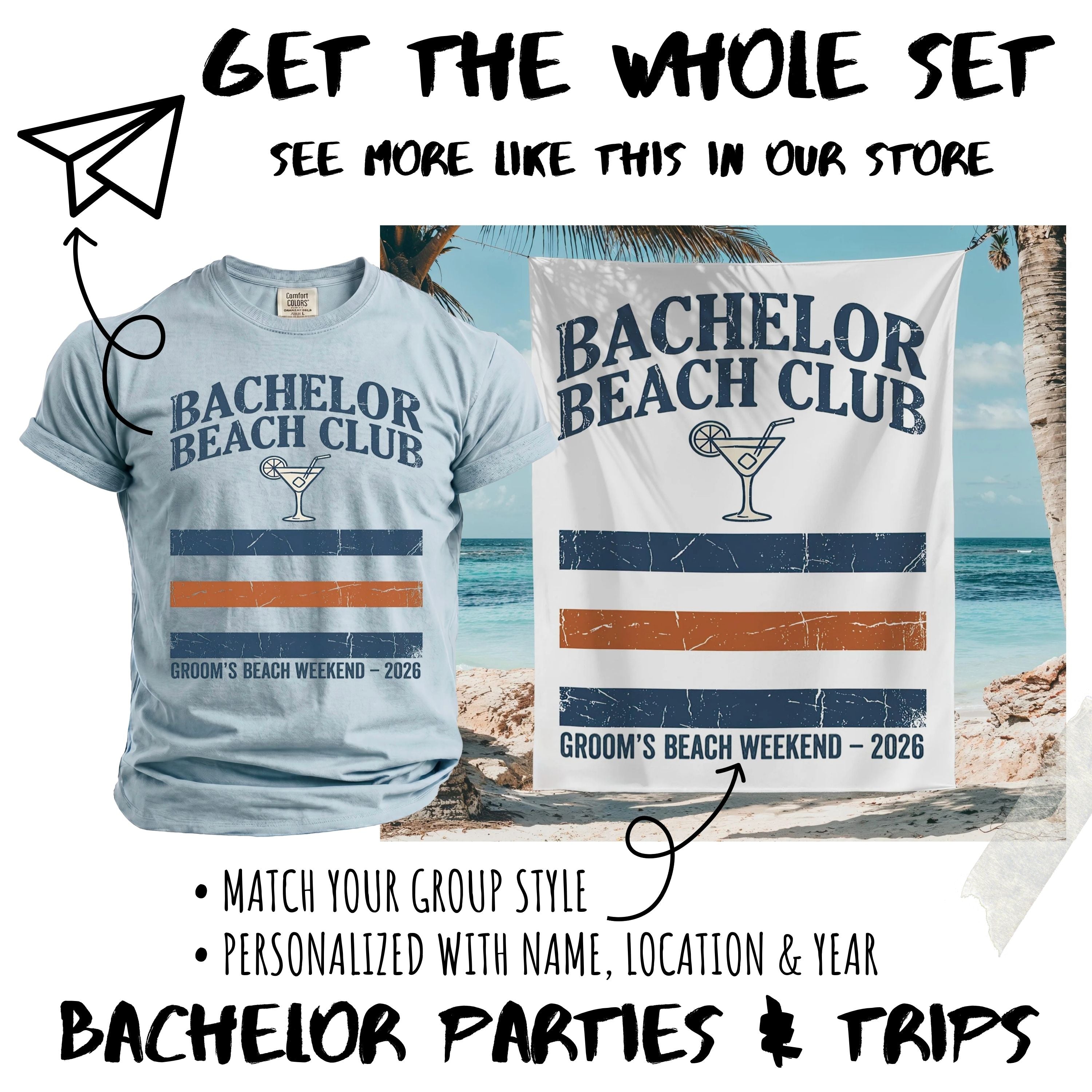 Light blue t-shirt and beach towel with "Bachelor Beach Club" and "Groom's Beach Weekend - 2026".