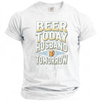 White t-shirt with text "Beer Today Husband Tomorrow" and "Bachelor Party 2026".