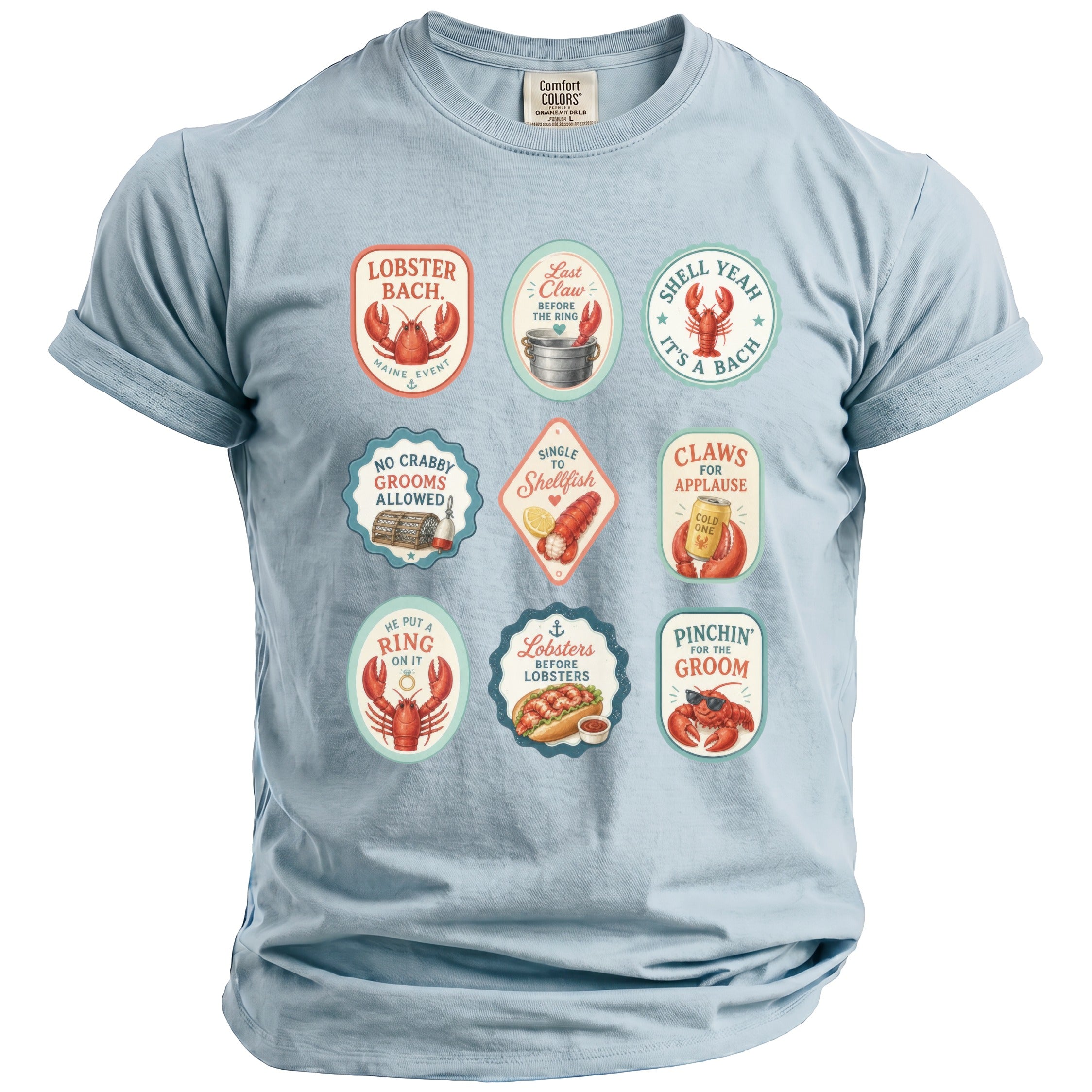 Light blue t-shirt with nine oval graphics featuring lobsters and nautical-themed text.