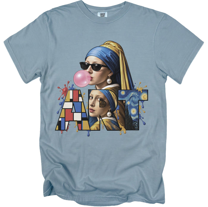 T-shirt with "ART" text collage featuring Girl with a Pearl Earring and Starry Night.