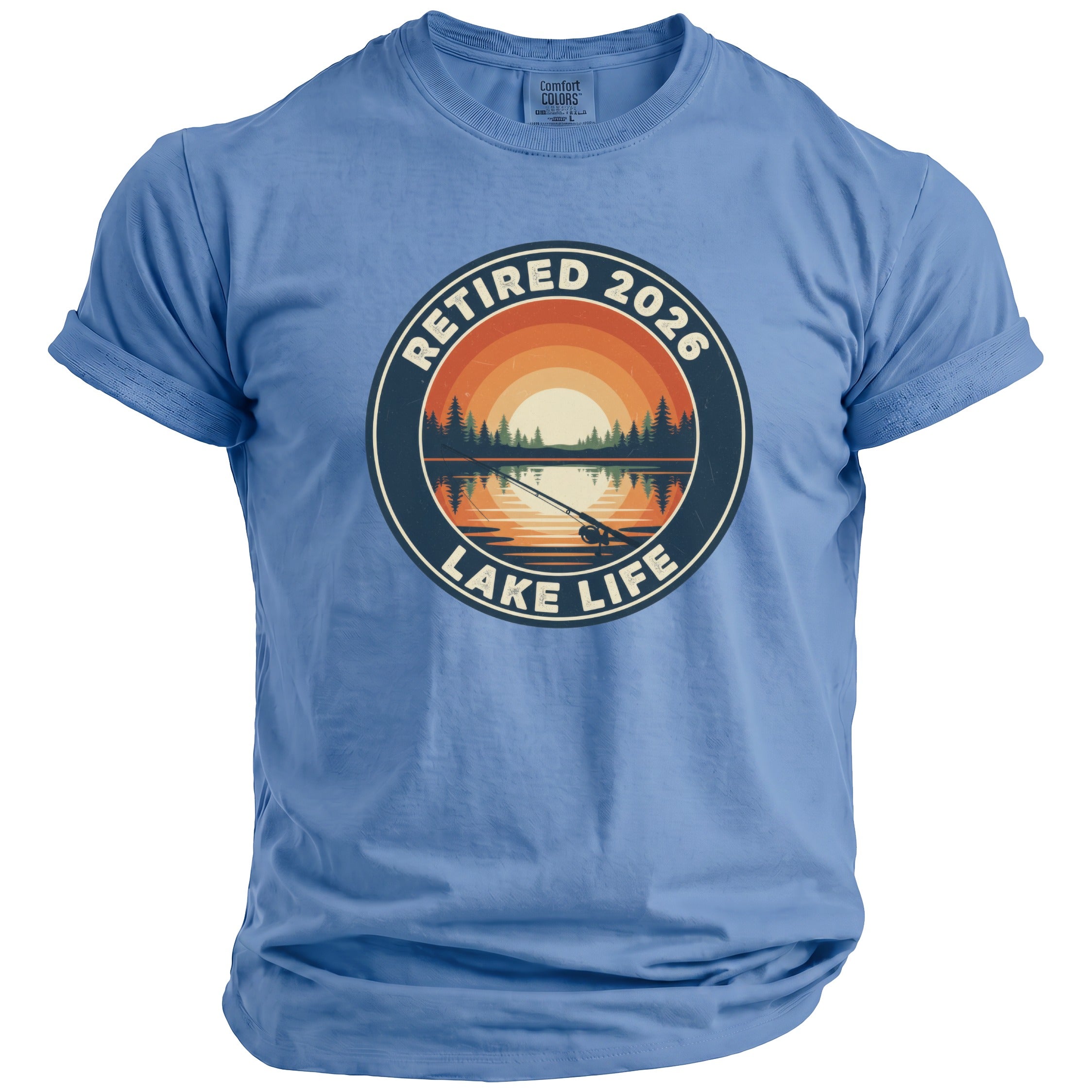 Light blue t-shirt with "Retired 2026 Lake Life" graphic featuring a sunset lake scene.