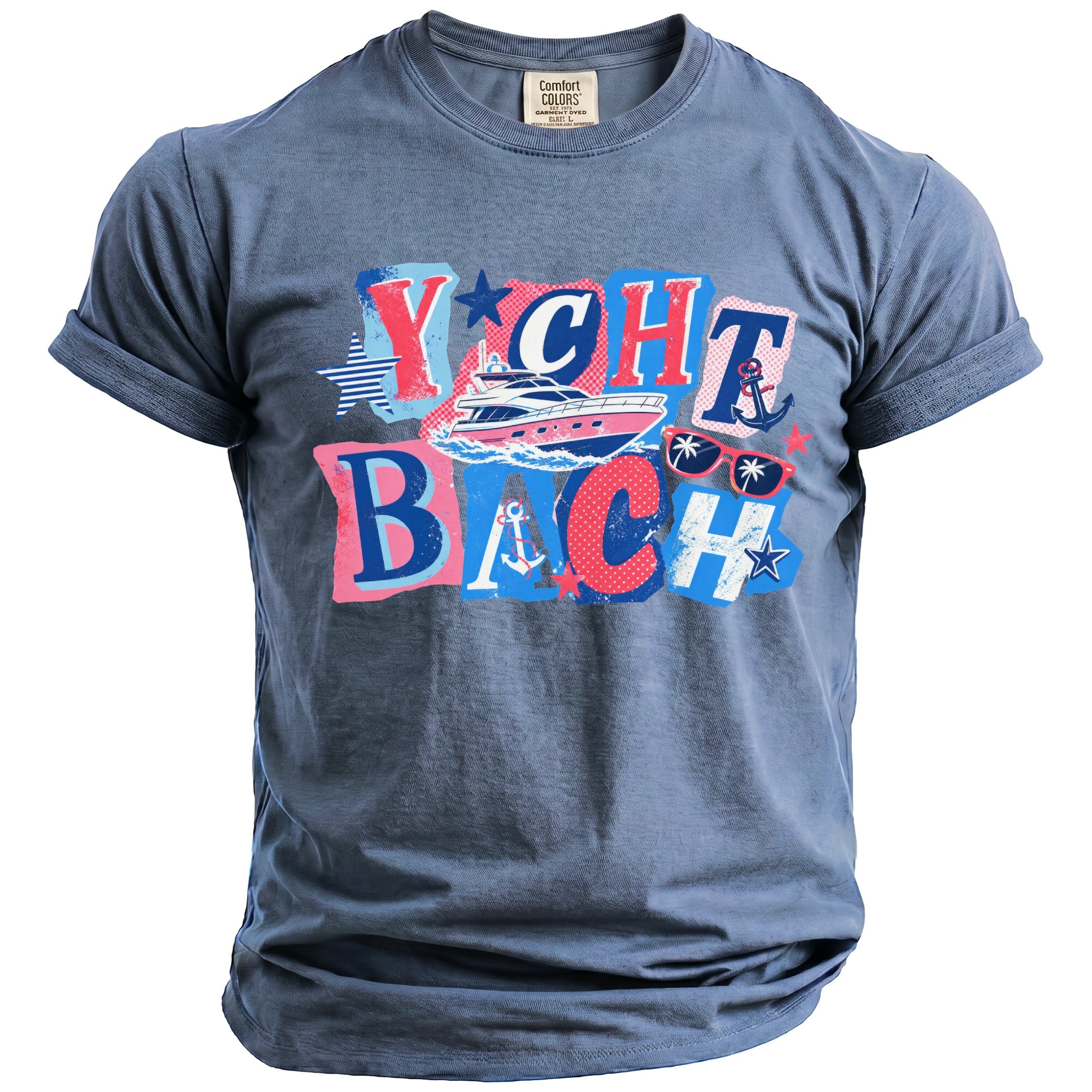Faded blue short-sleeve crewneck t-shirt with a colorful graphic reading YACHT BACH with nautical motifs.