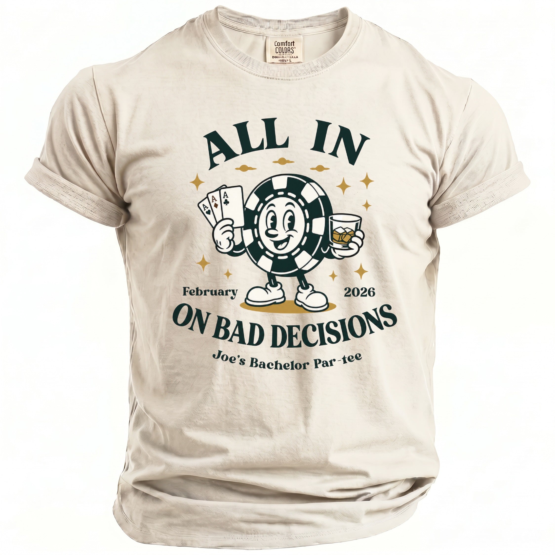 T-shirt with cartoon chip holding cards and drink, "All In On Bad Decisions" text.