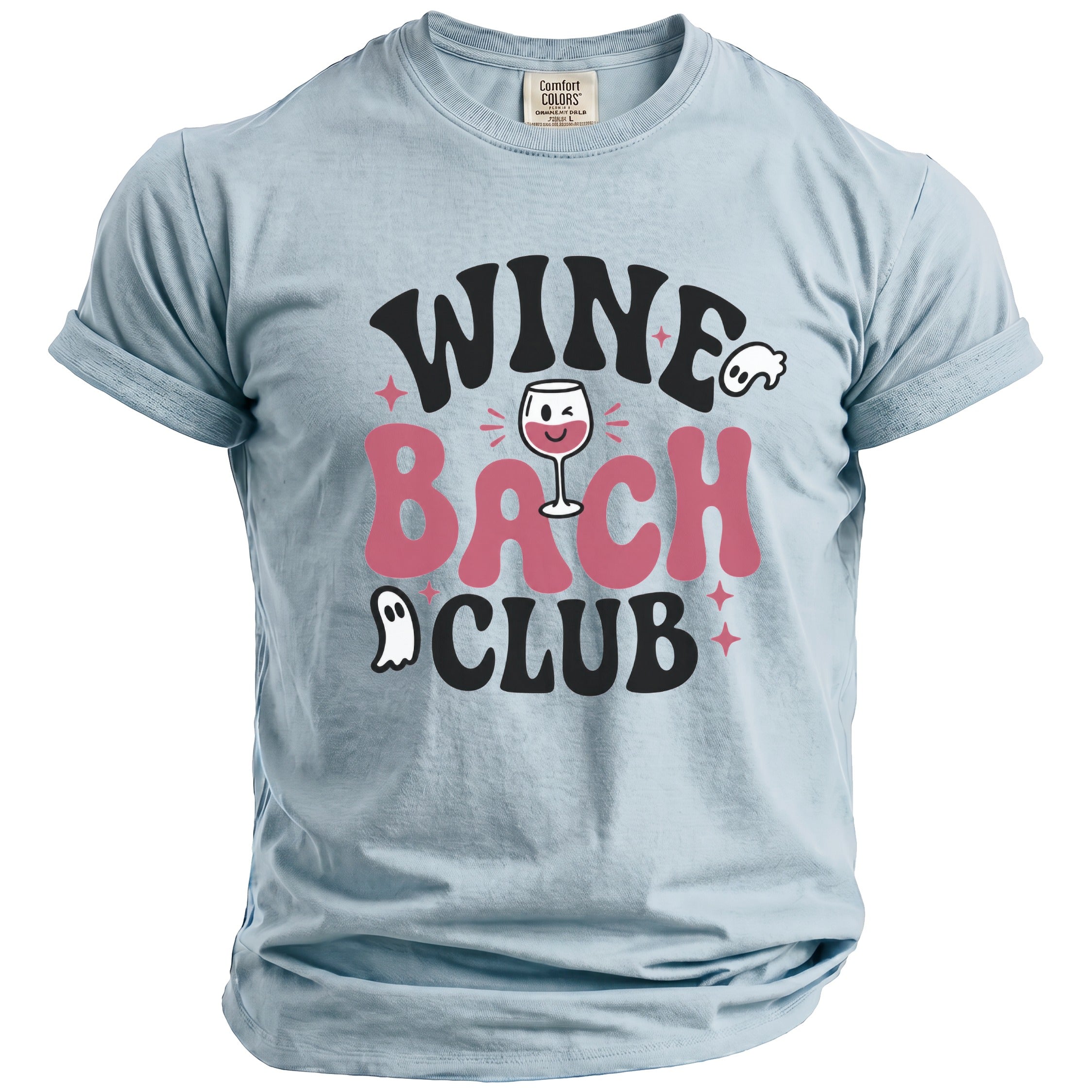 Light blue t-shirt with "WINE BACH CLUB" text and ghost graphics.
