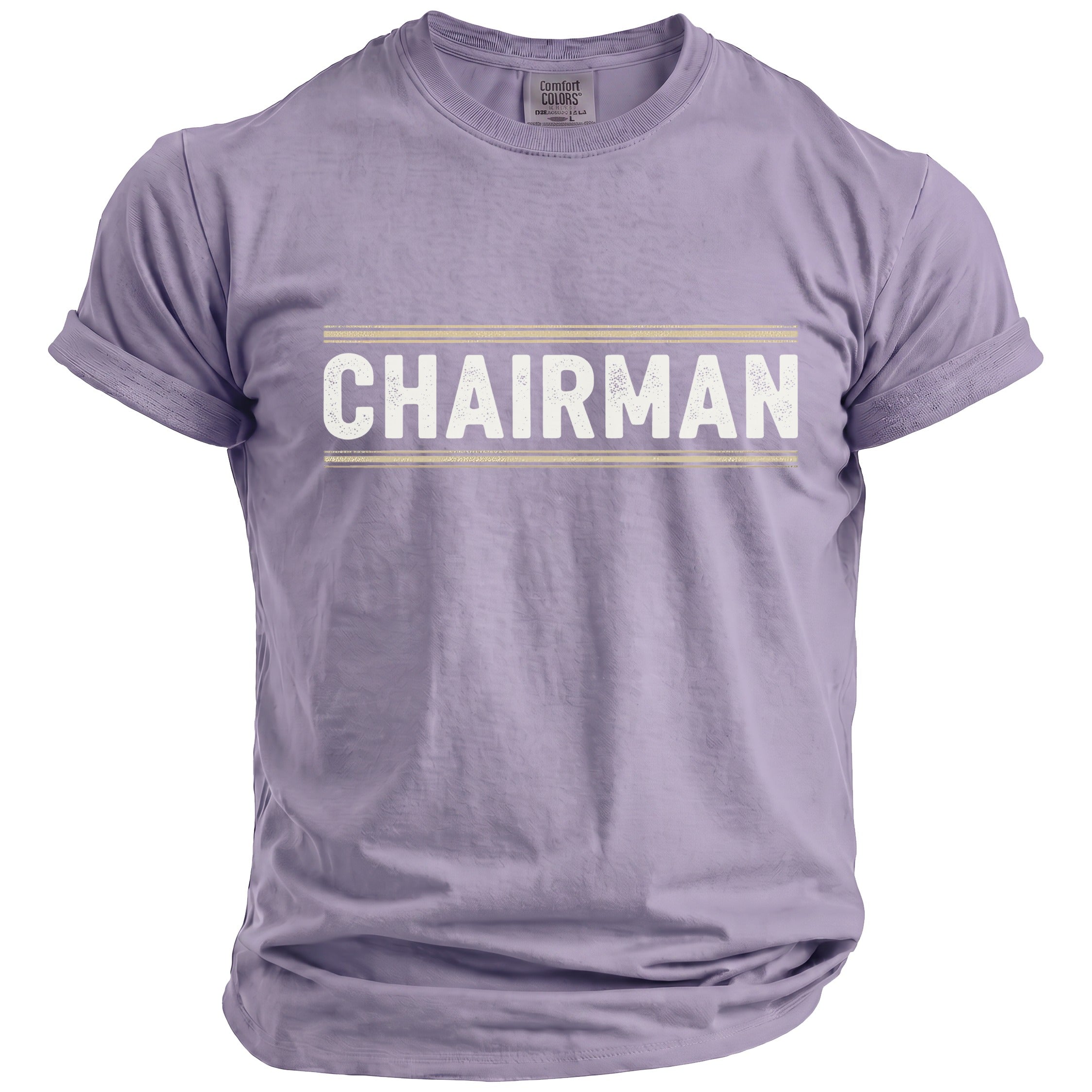 Purple t-shirt with "CHAIRMAN" text in distressed white lettering.