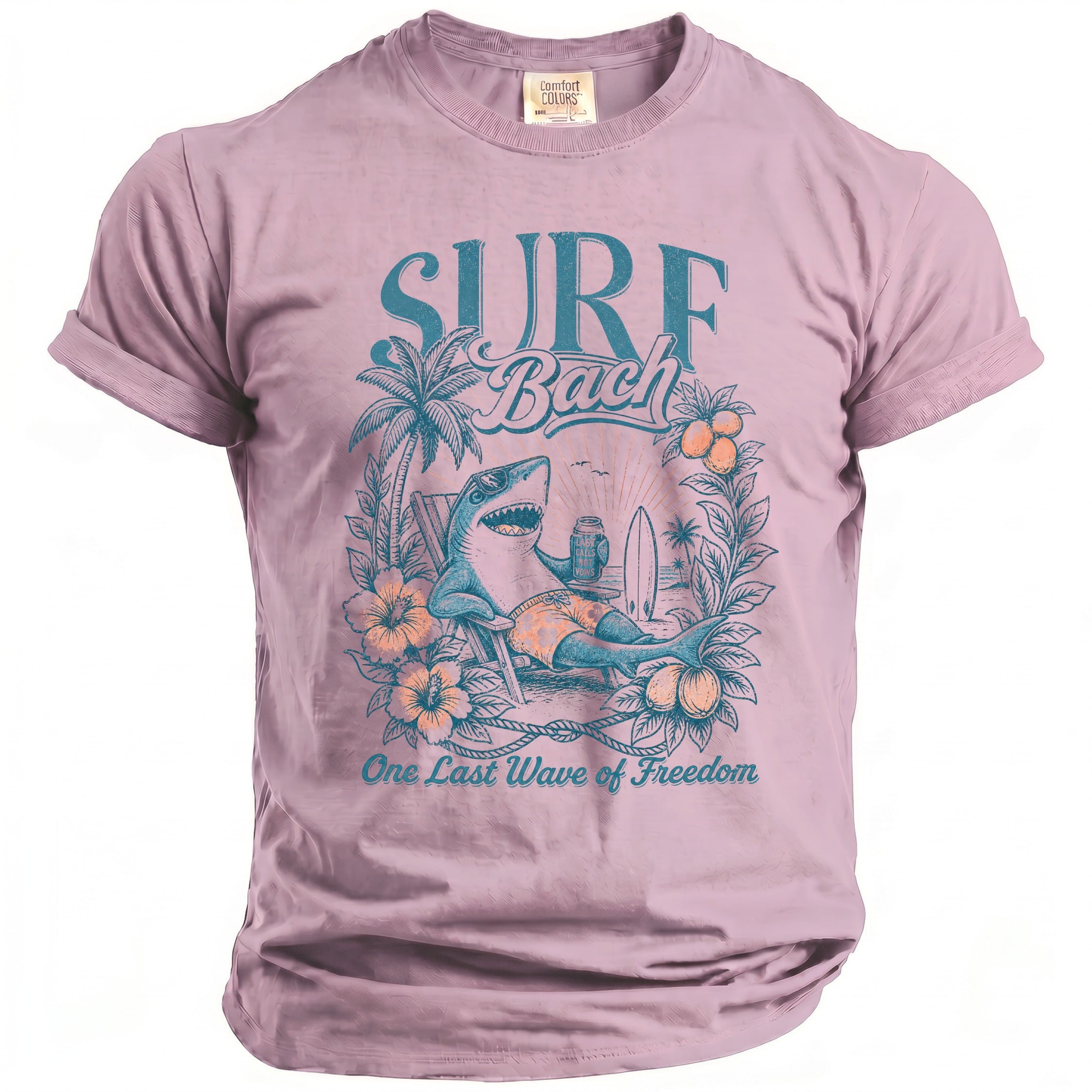 Pink t-shirt with graphic of shark lounging, "SURF Bach" and "One Last Wave of Freedom."
