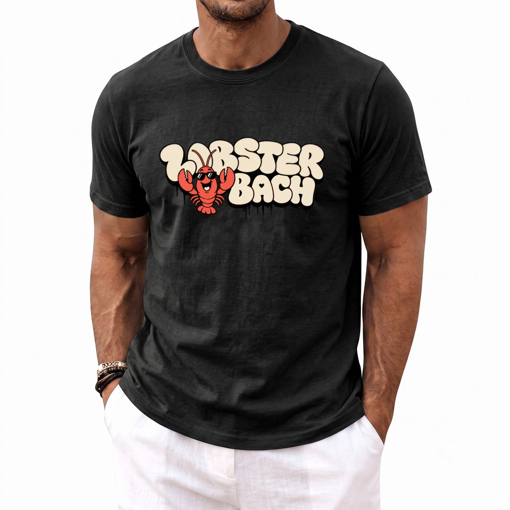 Black t-shirt with graphic of cartoon lobster and text "LOBSTER BACH".