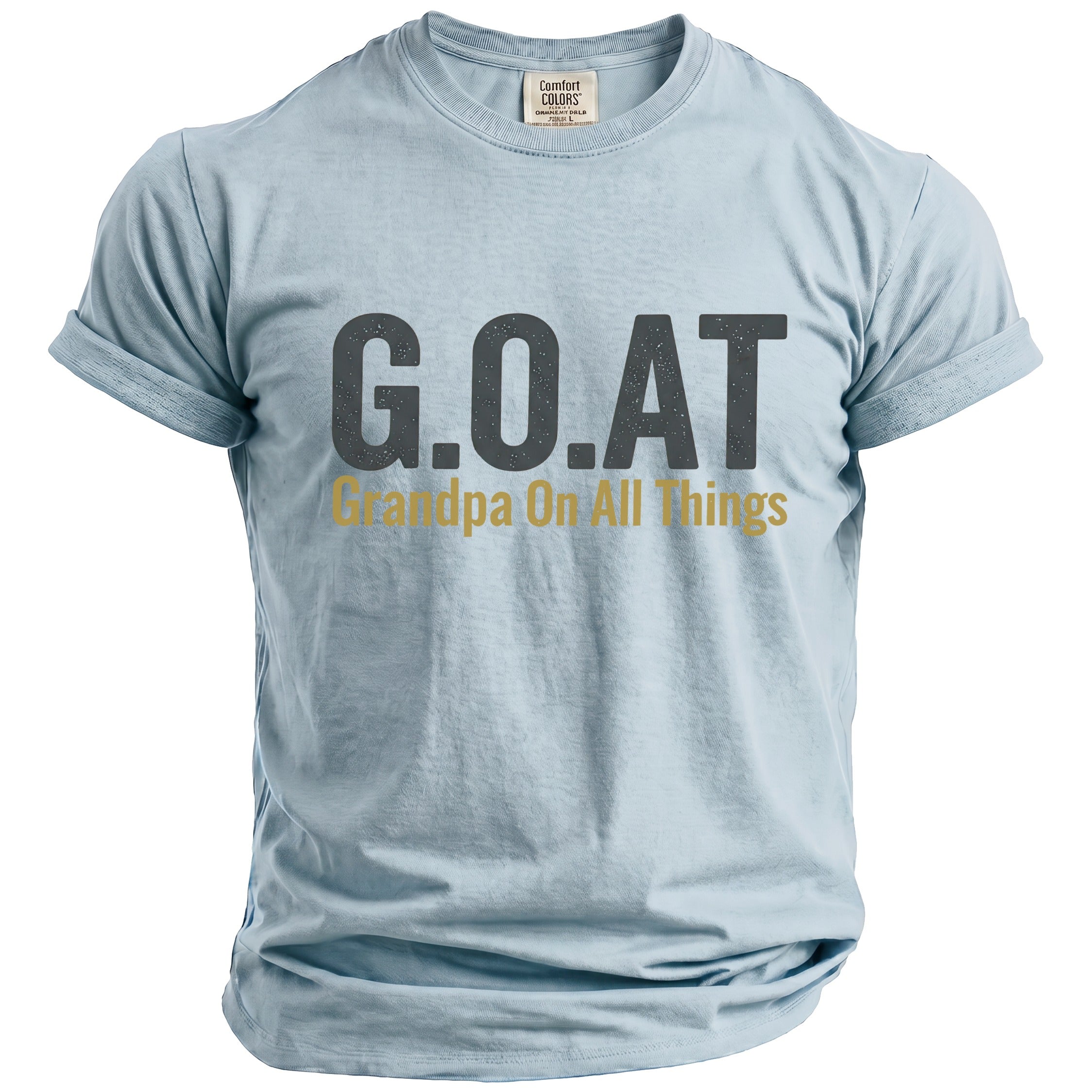 Light blue t-shirt with "G.O.A.T Grandpa On All Things" graphic.
