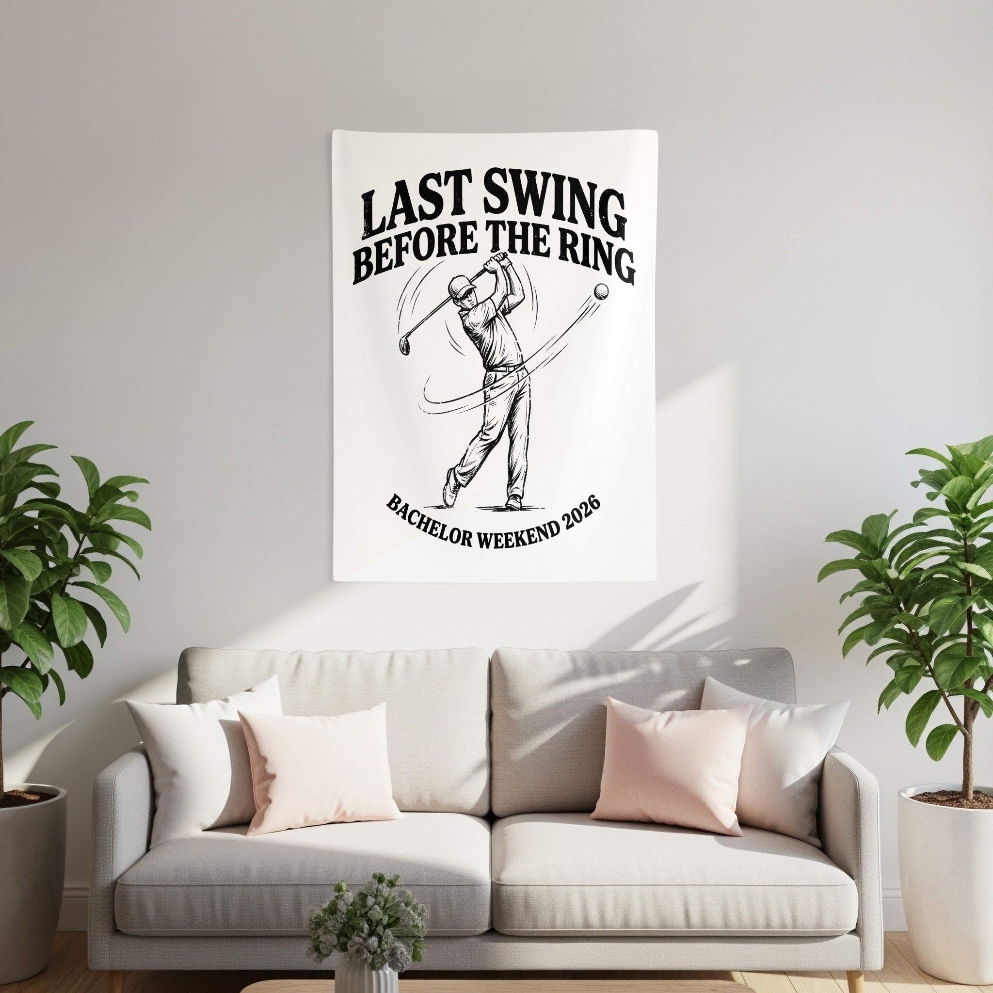 Golf art with text "Last Swing Before the Ring" and "Bachelor Weekend 2026".
