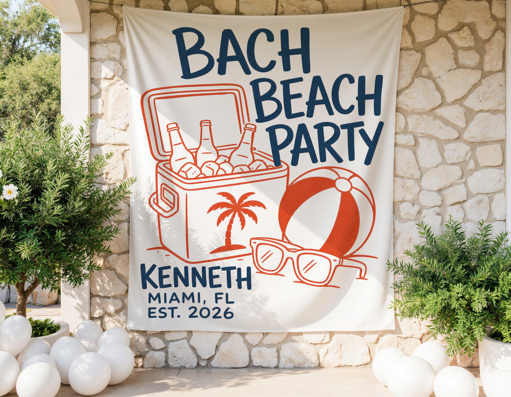 "BACH BEACH PARTY" banner with cooler, beach ball, sunglasses, and "KENNETH MIAMI, FL EST. 2026"