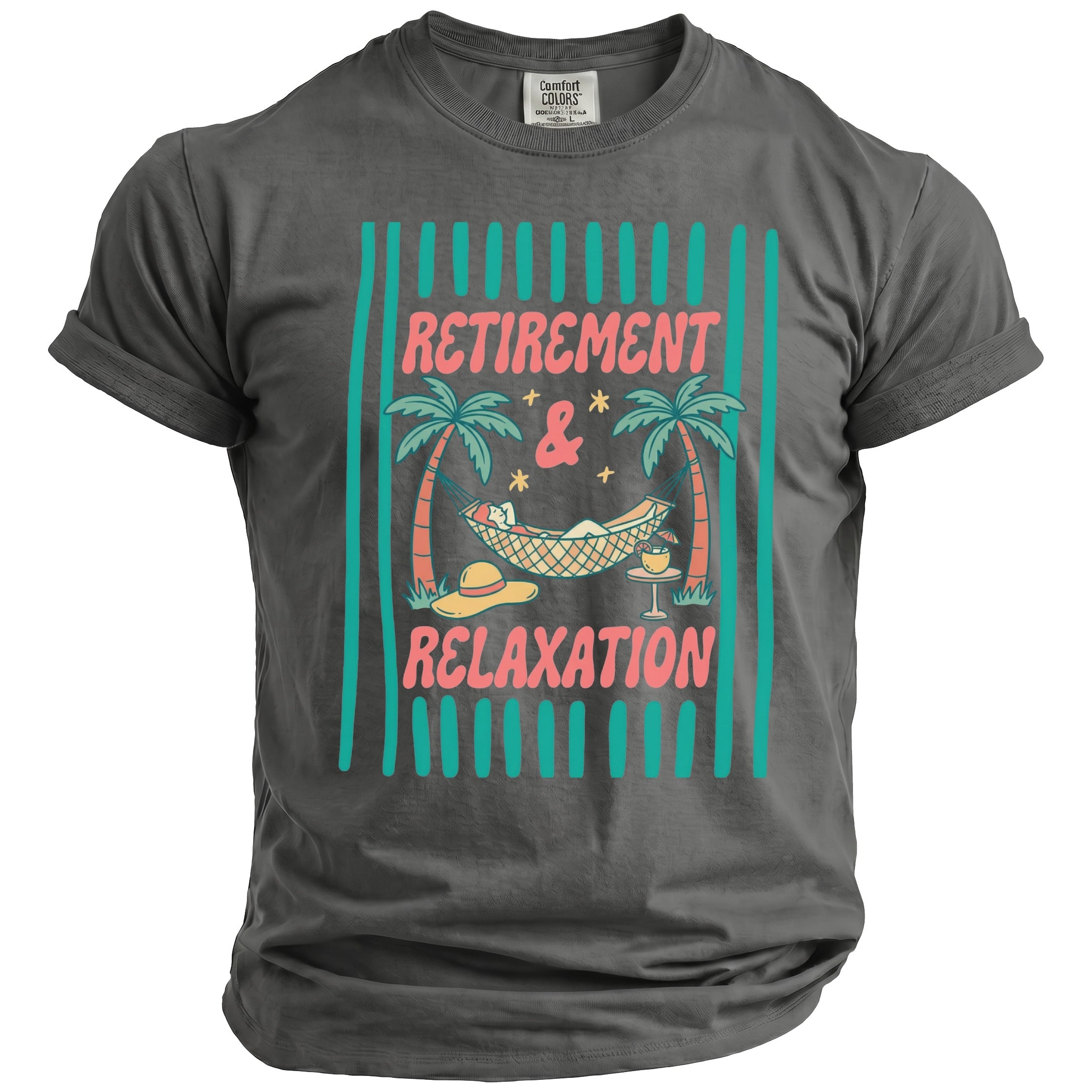 T-shirt with "Retirement & Relaxation" graphic featuring a person in a hammock.