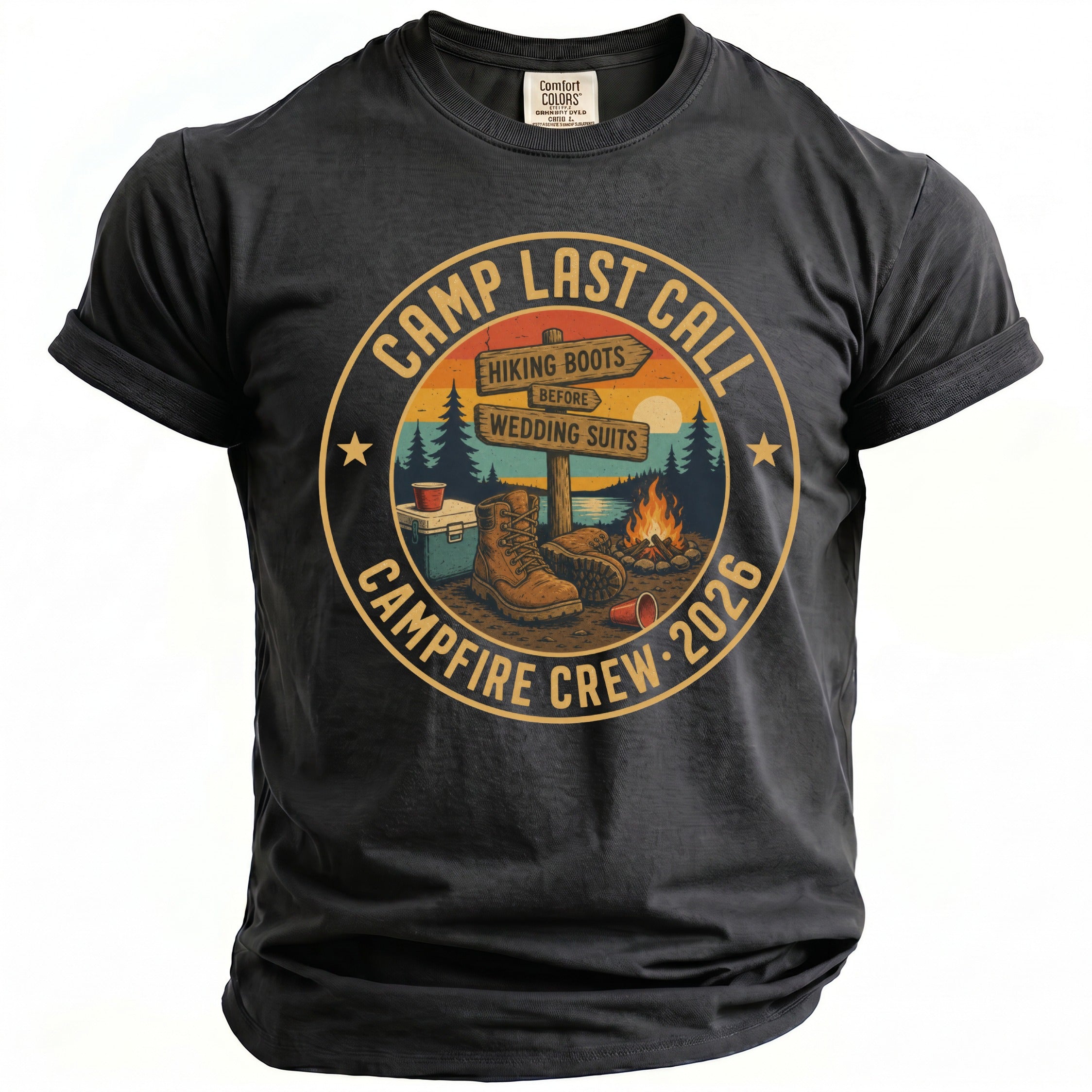 Dark grey t-shirt with "Camp Last Call Campfire Crew 2026" graphic.