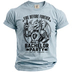 Light blue t-shirt with a black graphic of a knighted dragon holding a beer bottle.