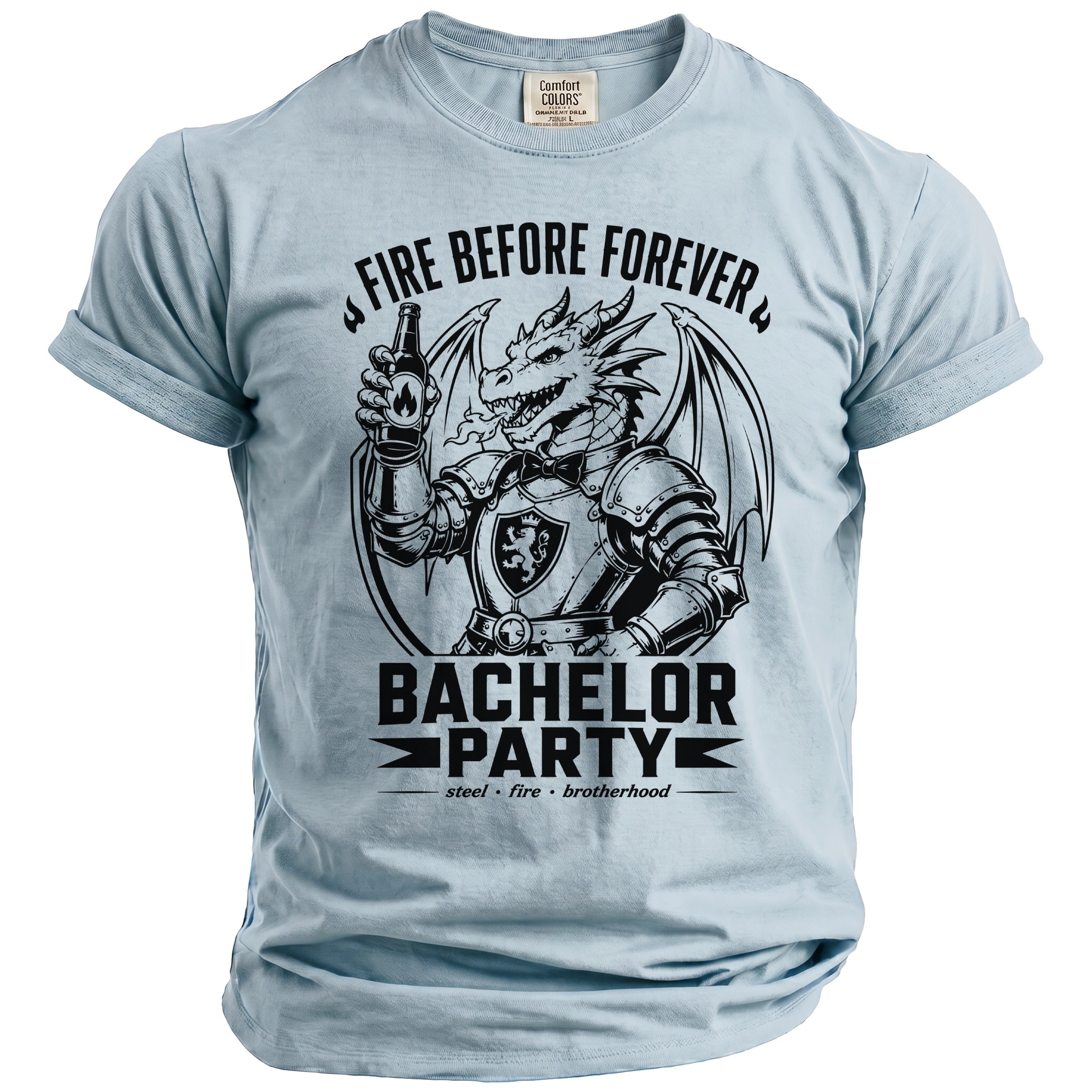 Light blue t-shirt with a black graphic of a knighted dragon holding a beer bottle.