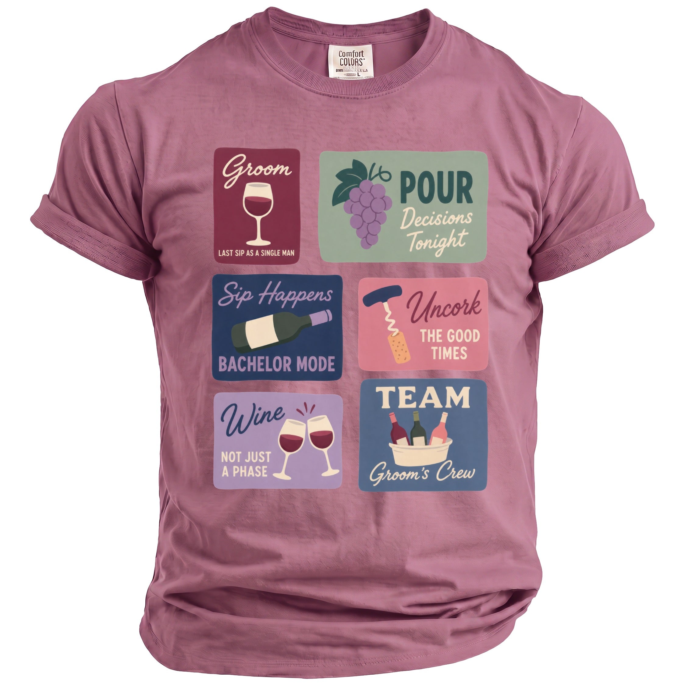 Rose t-shirt with six panels of text and graphics related to a groom and bachelor party.