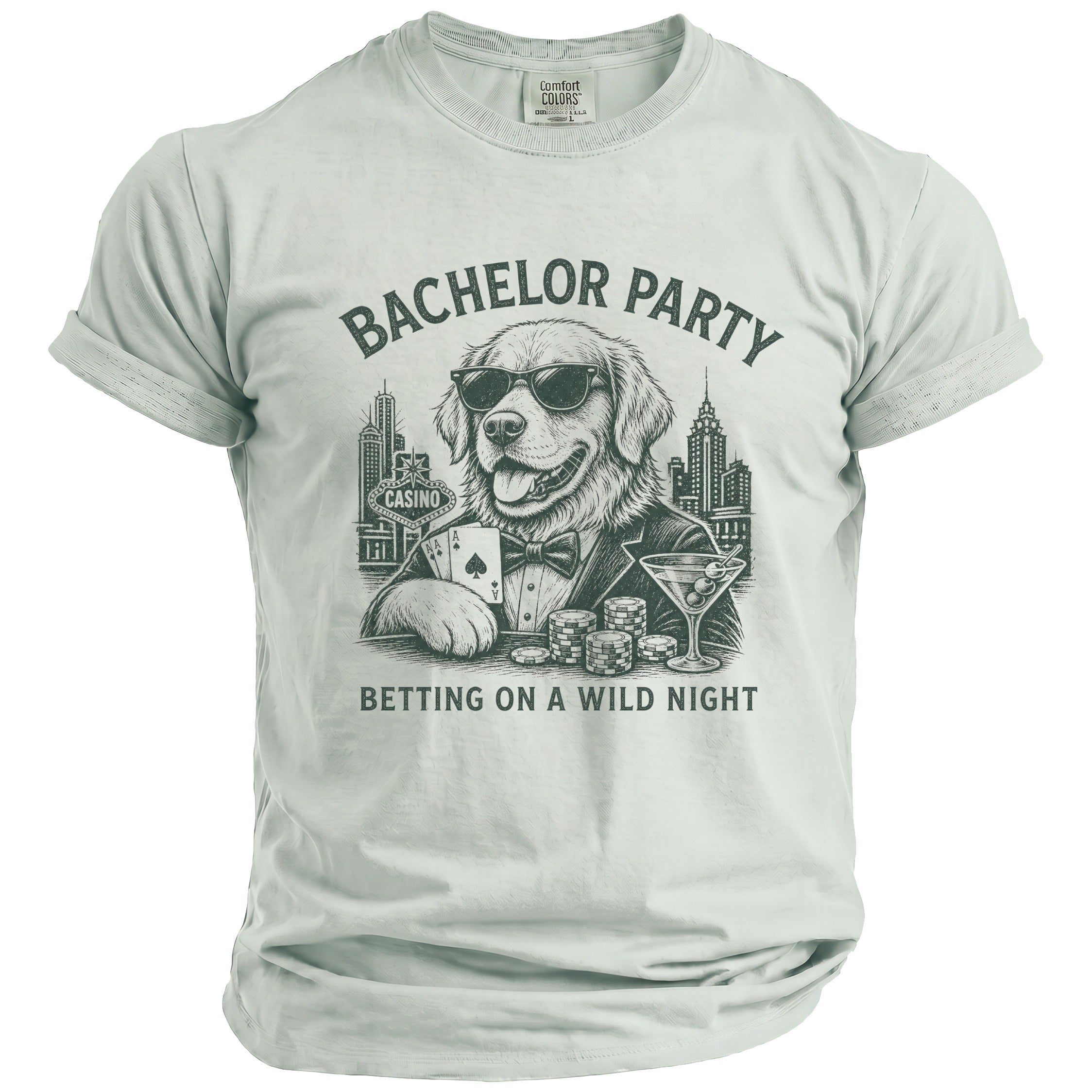 T-shirt with a dog in a suit playing poker at a casino with the text "BACHELOR PARTY BETTING ON A WILD NIGHT".