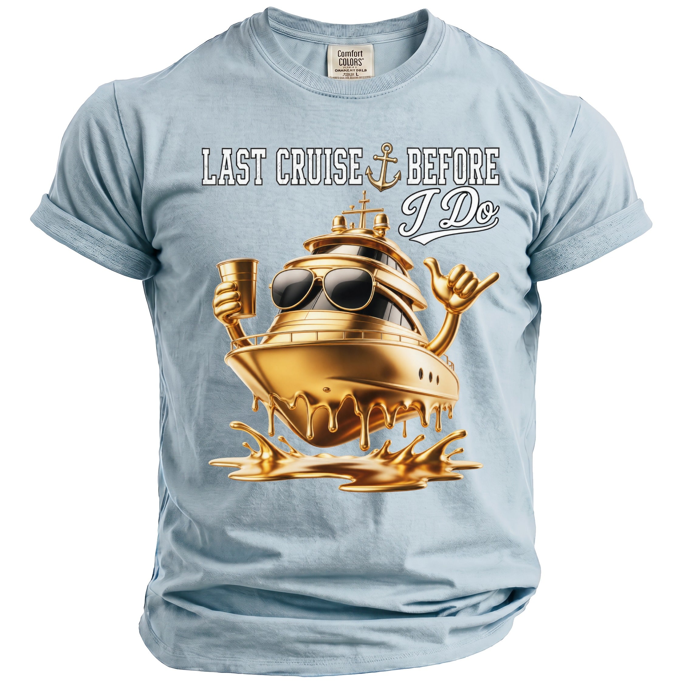 Light blue t-shirt with "Last Cruise Before I Do" and golden yacht graphic.