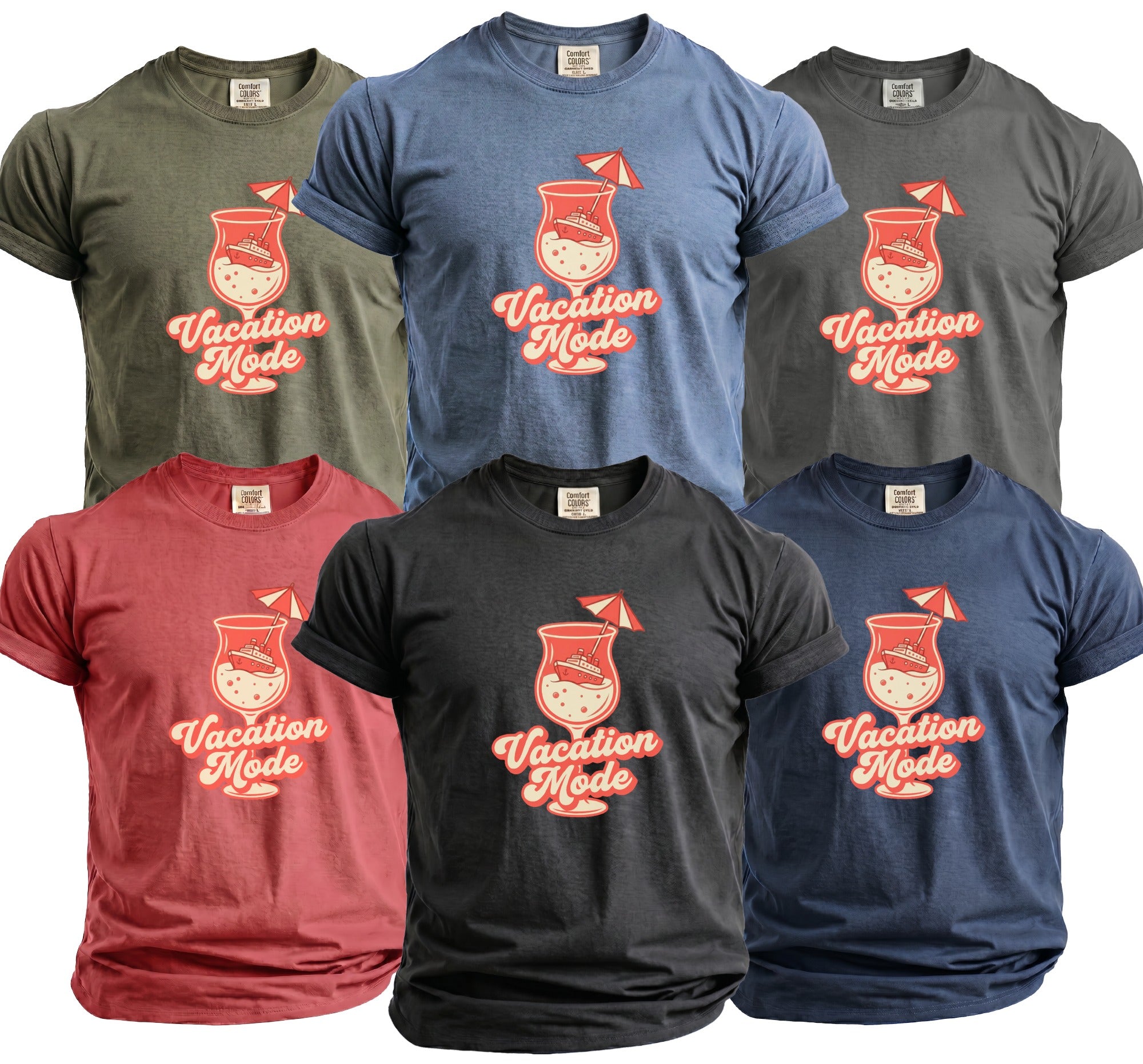 Six t-shirts in various colors, each featuring a graphic of a cocktail with a ship and umbrella, and the text "Vacation Mode".