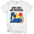 White t-shirt with "NINE LIVES, ONE MASTERPIECE" and abstract cat art.