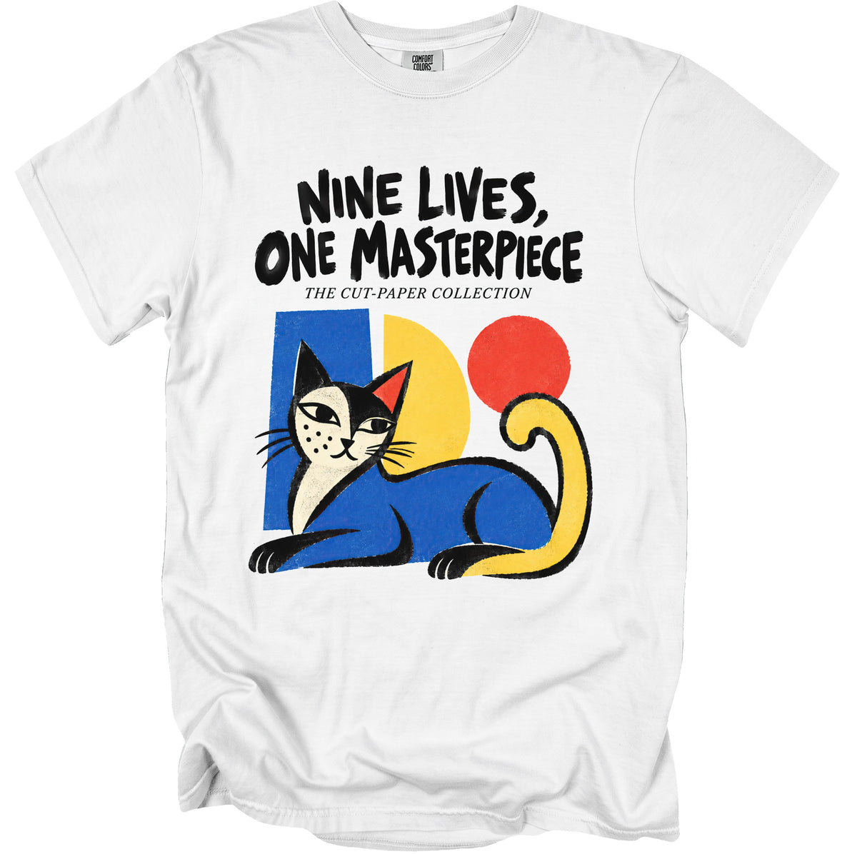 White t-shirt with "NINE LIVES, ONE MASTERPIECE" and abstract cat art.