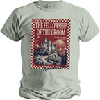 T-shirt with "The Fellowship of the Groom" text, castle, mountains, and "Kenneth's Bach".
