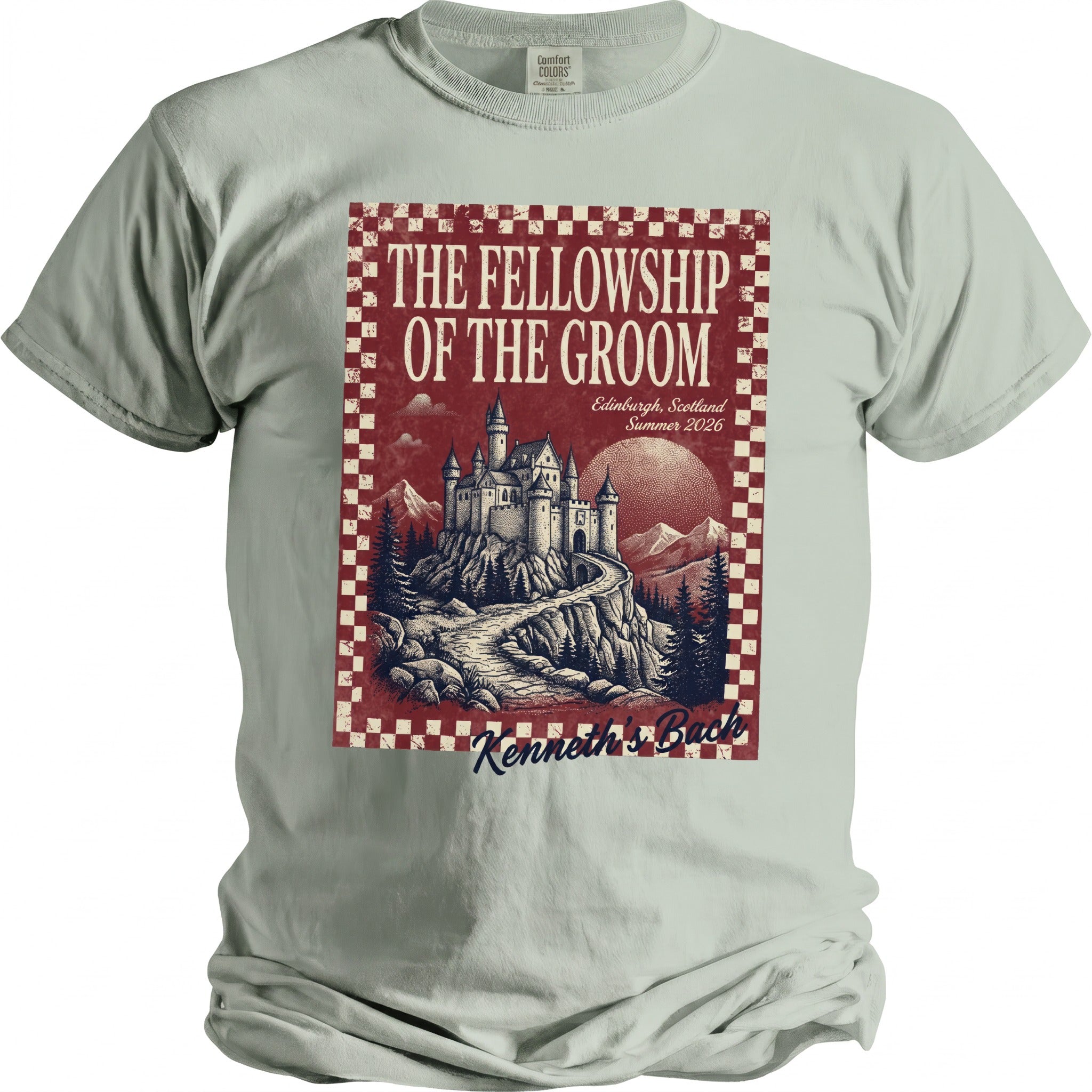 T-shirt with "The Fellowship of the Groom" text, castle, mountains, and "Kenneth's Bach".