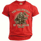 Red t-shirt with "The Fellowship of the Groom" graphic and a seated dwarf holding a hammer and mug.