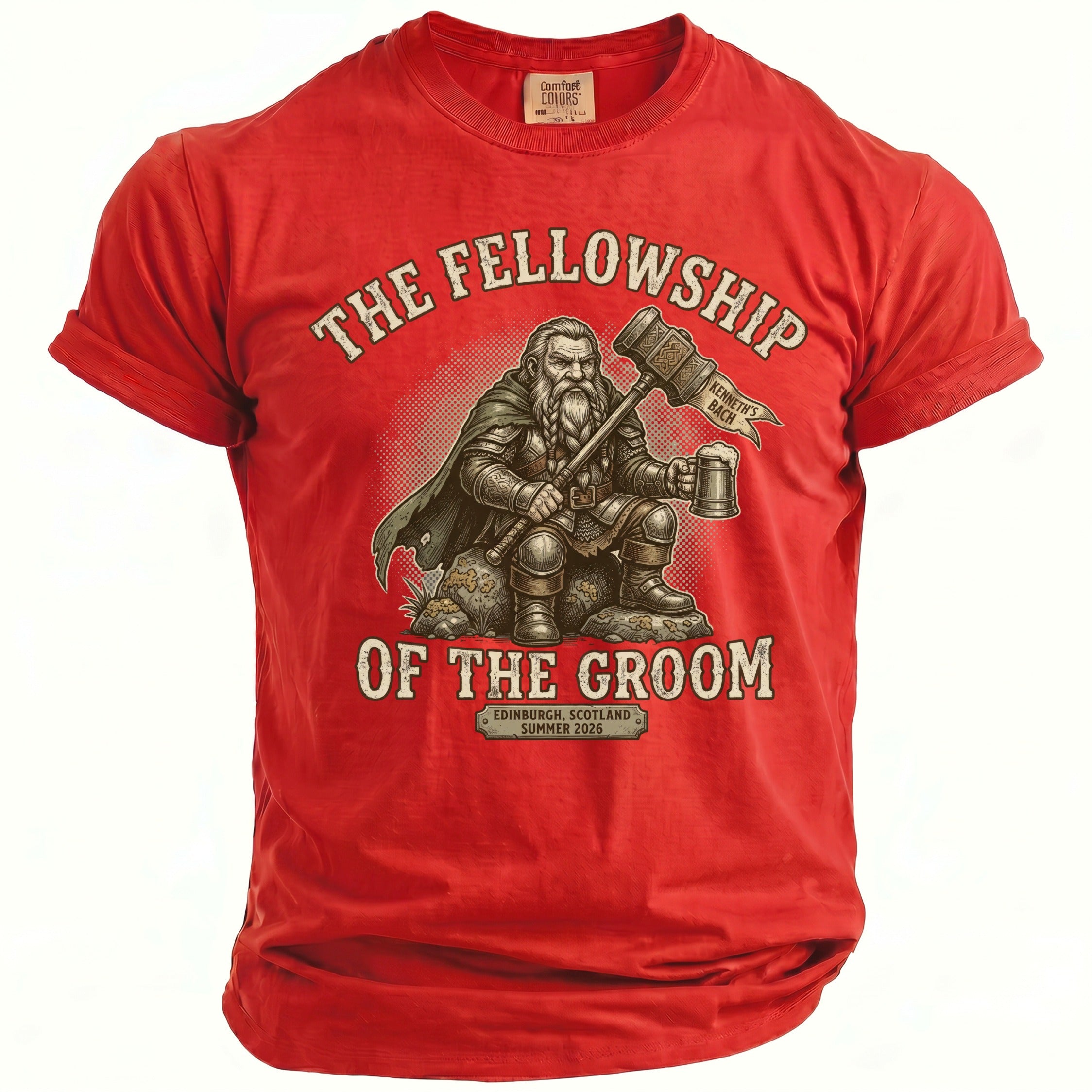 Red t-shirt with "The Fellowship of the Groom" graphic and a seated dwarf holding a hammer and mug.
