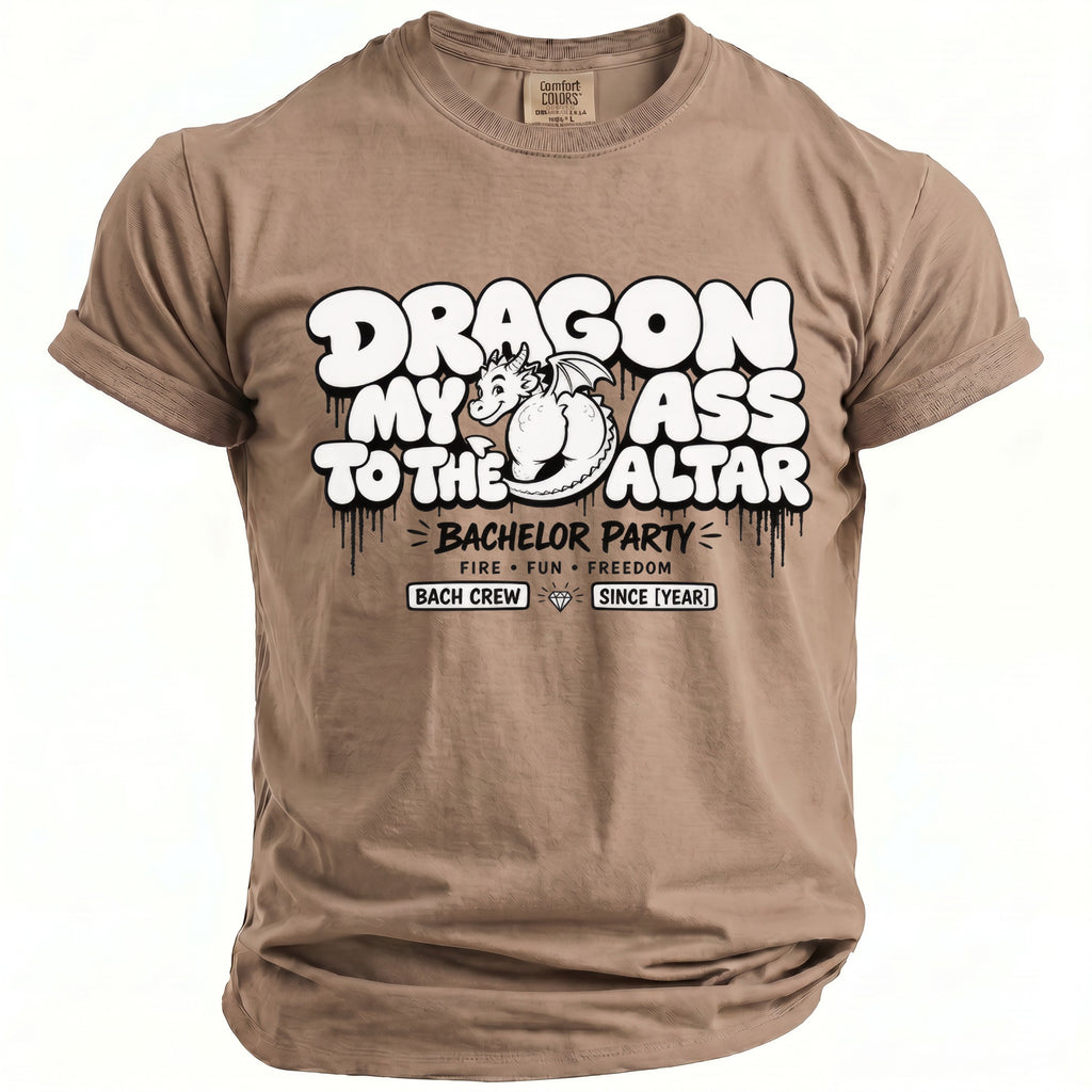 T-shirt with "Dragon My Ass to the Altar" graphic and "Bachelor Party" details.