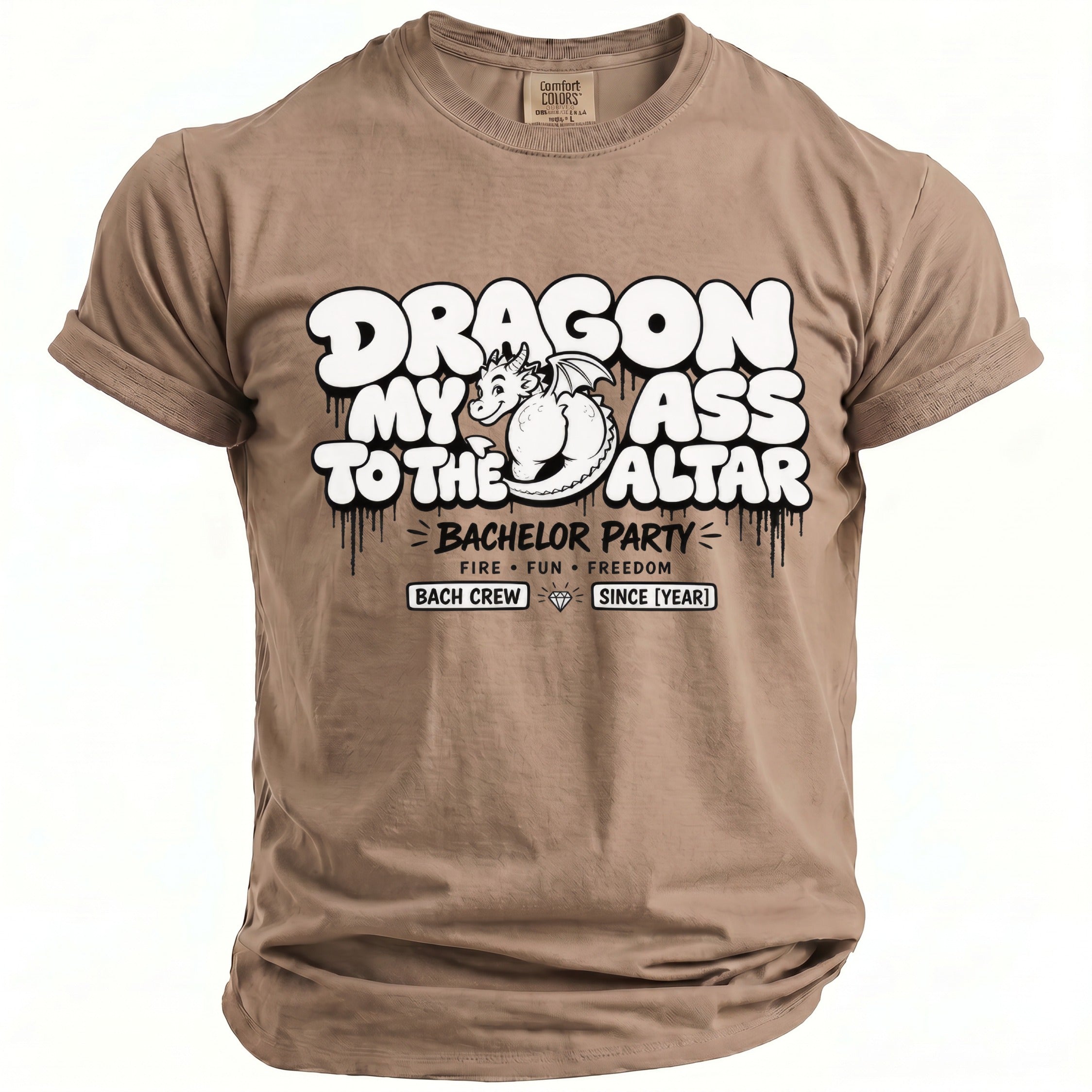 T-shirt with "Dragon My Ass to the Altar" graphic and "Bachelor Party" details.