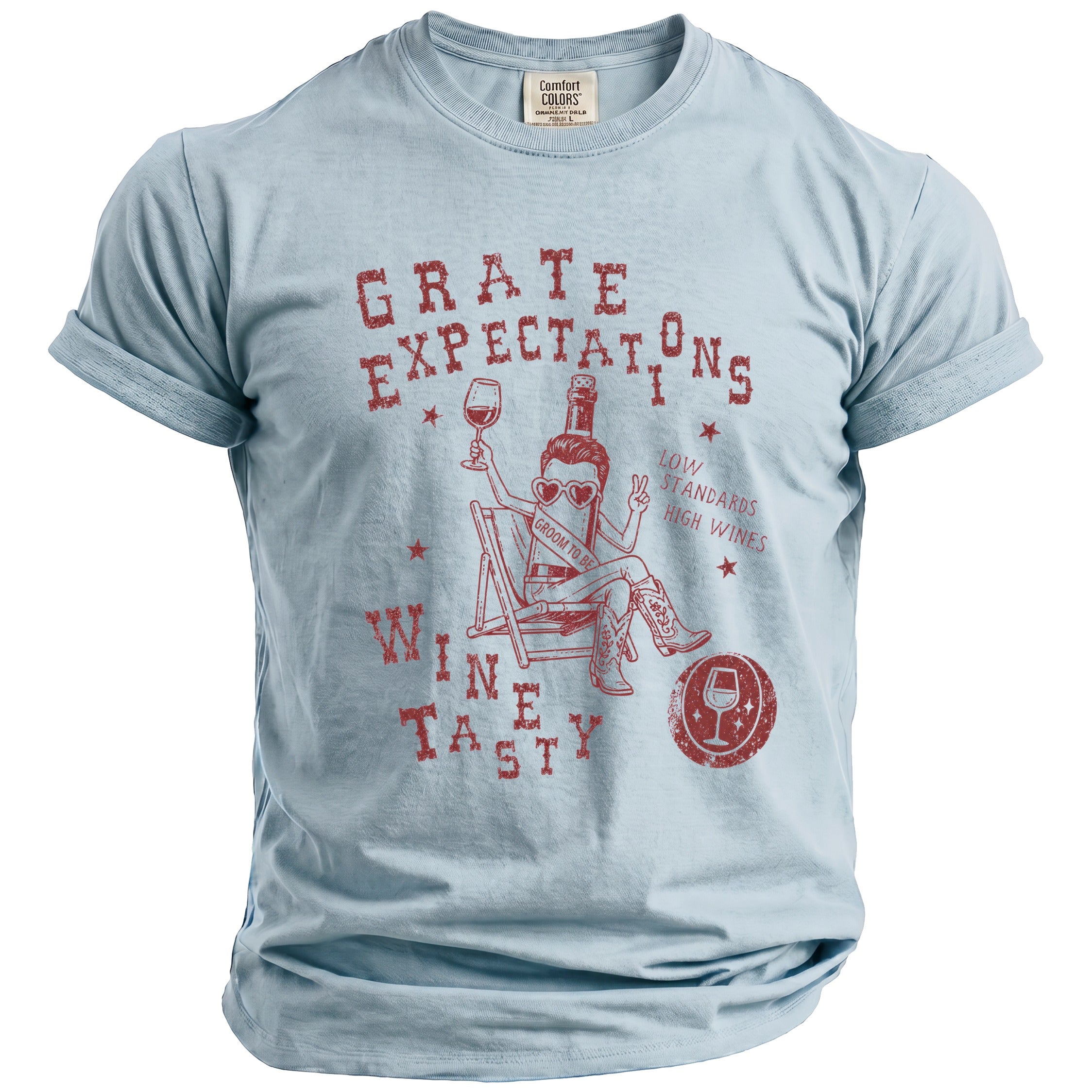 Light blue t-shirt with red graphic: "Grate Expectations," "Wine," "Low Standards, High Wines."