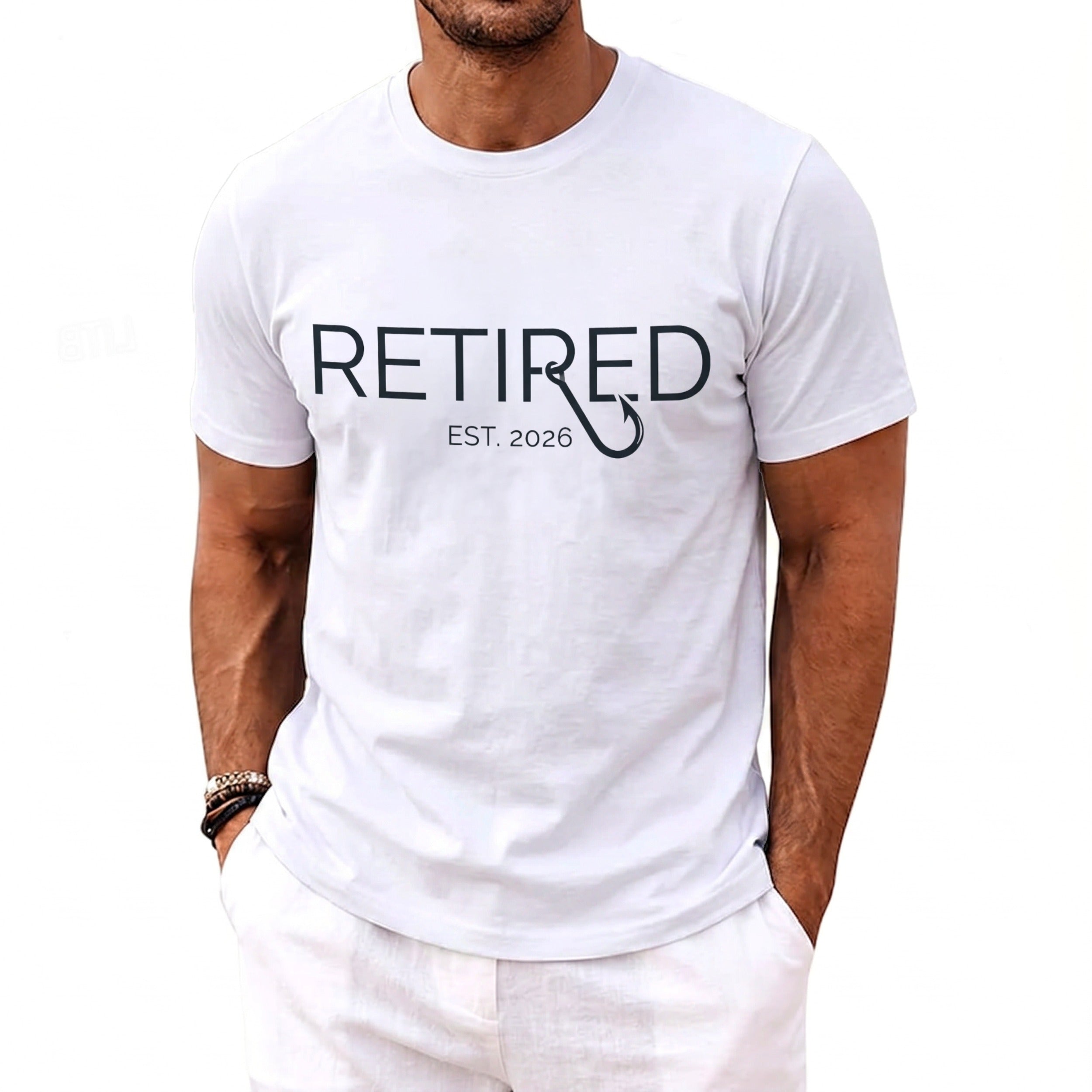White t-shirt with "RETIRED EST. 2026" and a fishing hook.