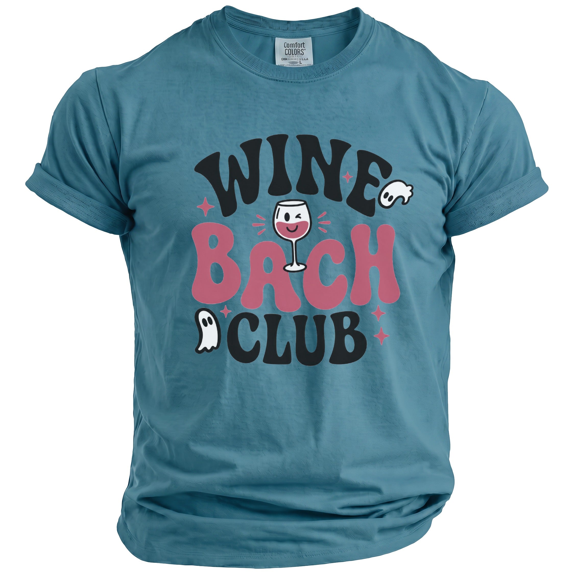 Blue t-shirt with "Wine Bach Club" text and ghost graphics.