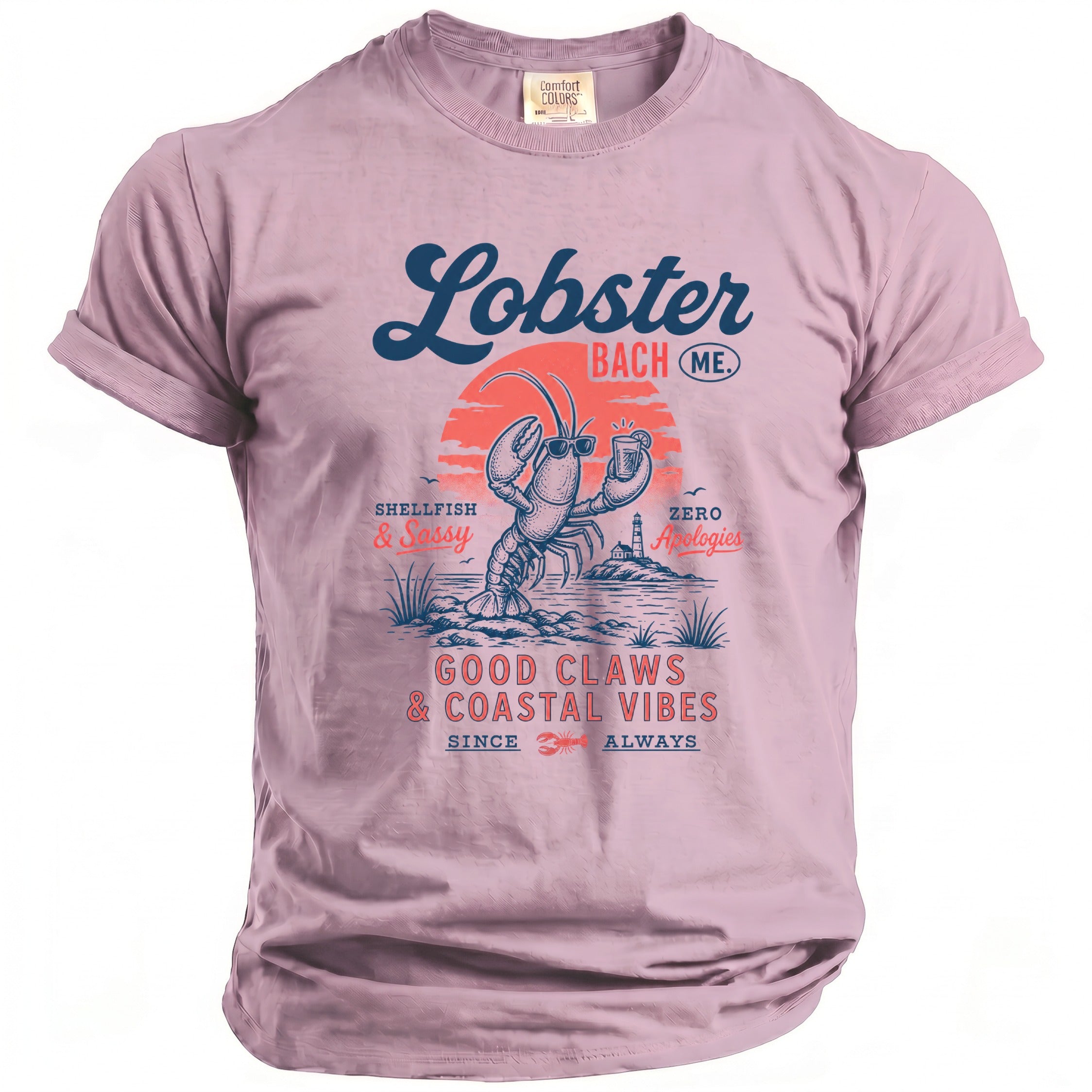 Pink t-shirt with lobster graphic, "Lobster Bach ME," and "Good Claws & Coastal Vibes" text.
