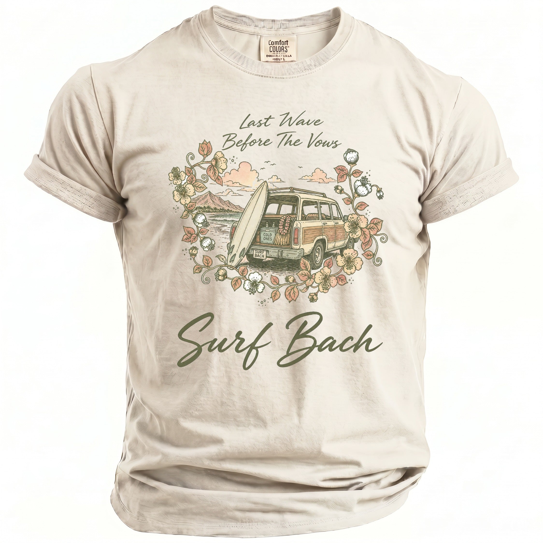 T-shirt with floral border, wood-paneled car, surfboard, and "Surf Bach" text.