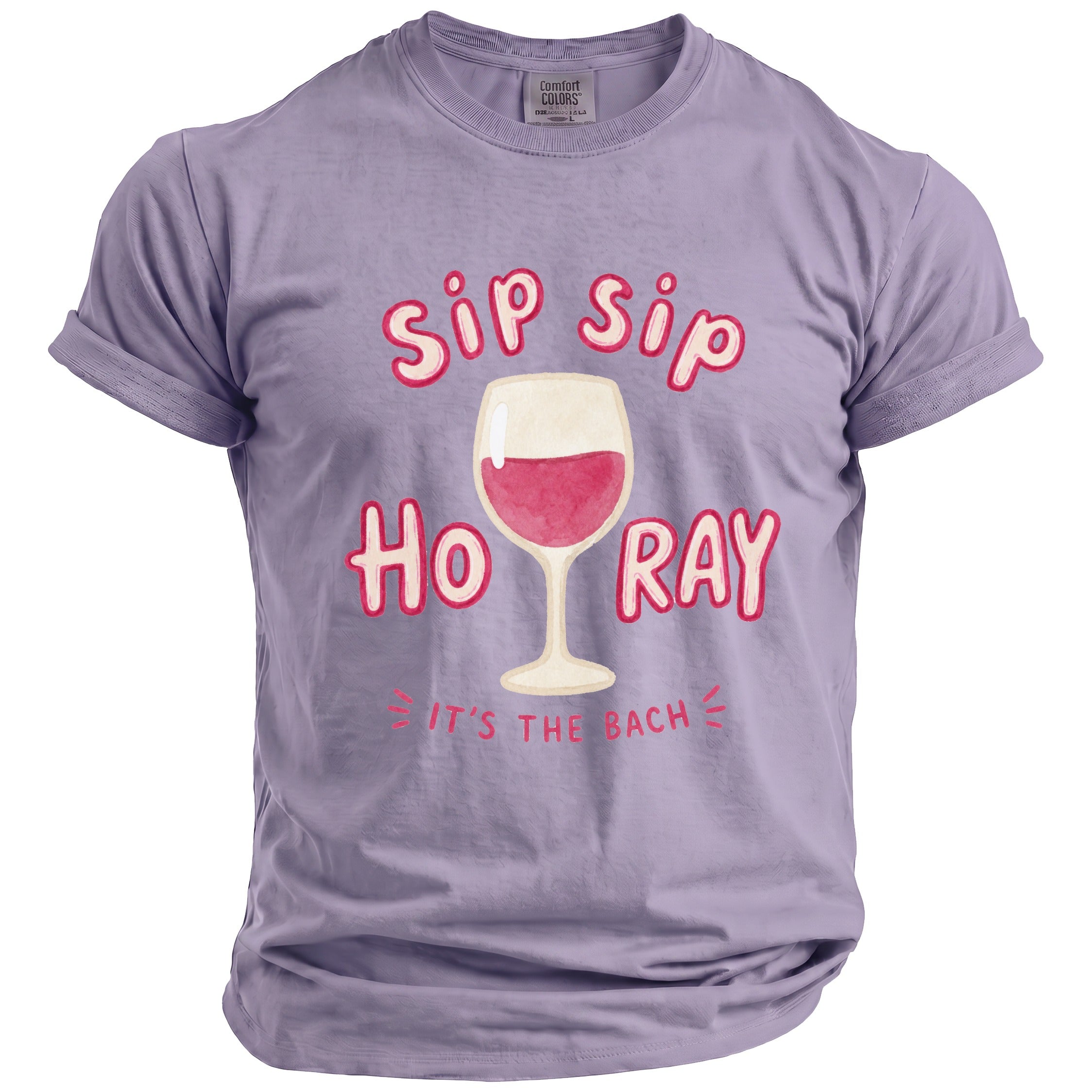 Purple t-shirt with "sip sip hooray it's the bach" text and wine glass graphic.